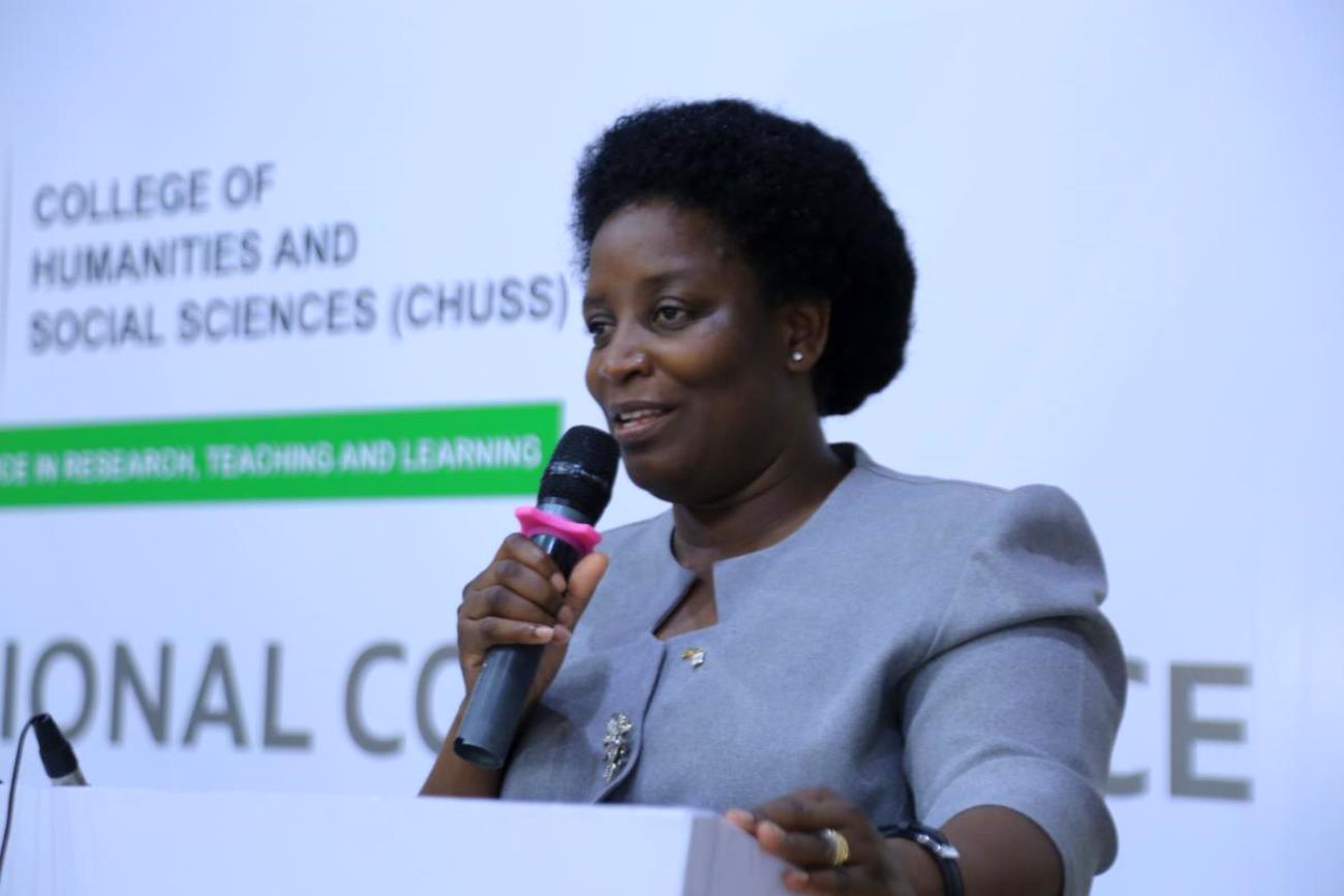 Prof. Helen Nkabala the CHUSS principal giving her remarks. Makerere University College of Humanities and Social Sciences (CHUSS) Centre of Excellence in Research, Teaching and Learning (CERTL) International Conference, Fairway Hotel, Kampala Uganda, East Africa. 14th November 2024.