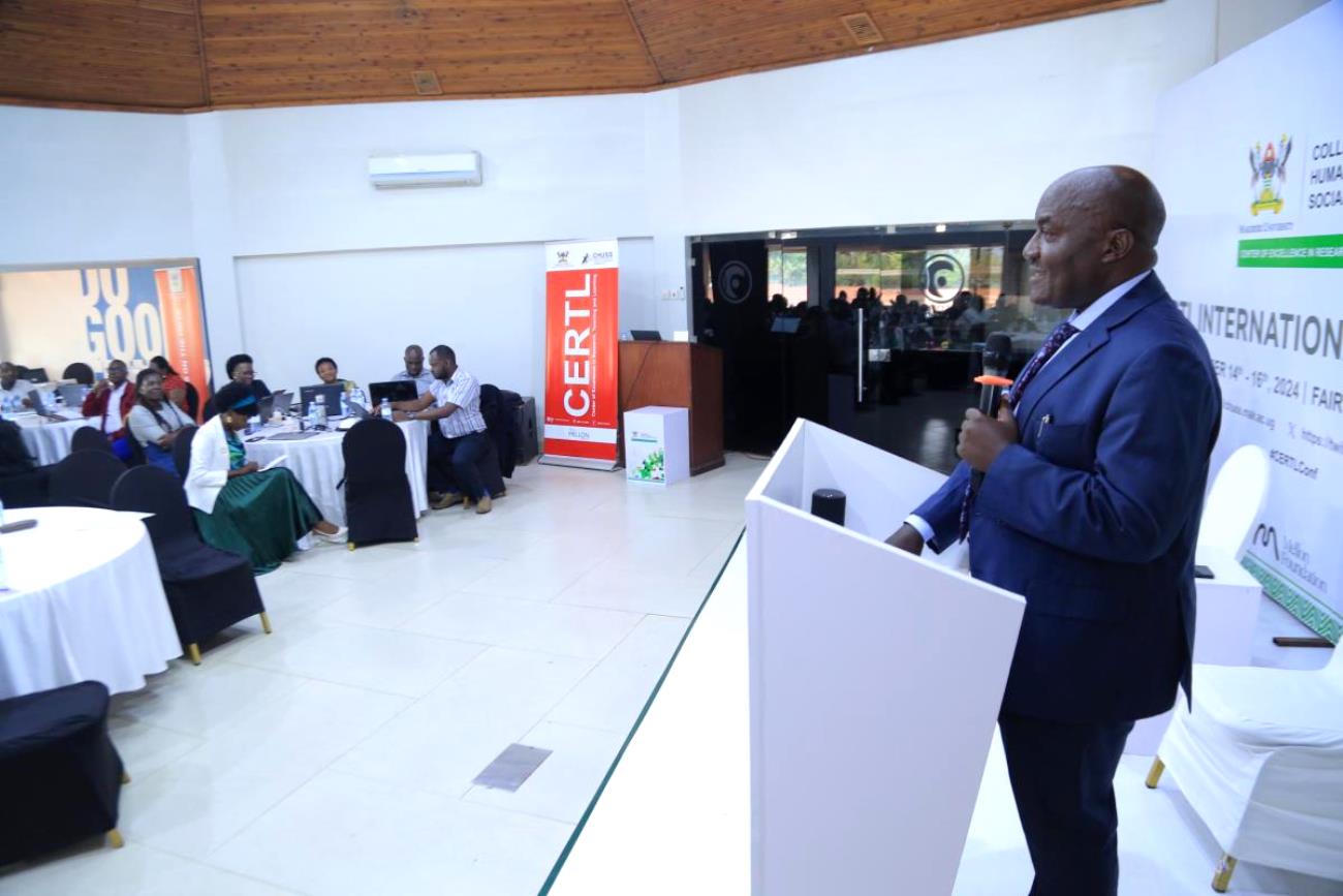 Prof. Fred Masagazi-Masaazi, Chair of the Mak RIF Grants Management Committee giving his keynote address. Makerere University College of Humanities and Social Sciences (CHUSS) Centre of Excellence in Research, Teaching and Learning (CERTL) International Conference, Fairway Hotel, Kampala Uganda, East Africa. 15th November 2024.