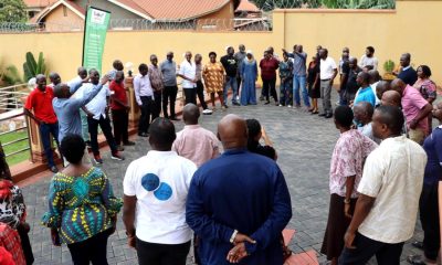 A Trainer, Mr. Ivan Kalema with staff outside the hotel conducting drills on leadership. Makerere University College of Humanities and Social Sciences (CHUSS) Staff Retreat, 1st-2nd November 2024, Nican Resort Hotel, Seguku Entebbe Road, Kampala Uganda, East Africa.