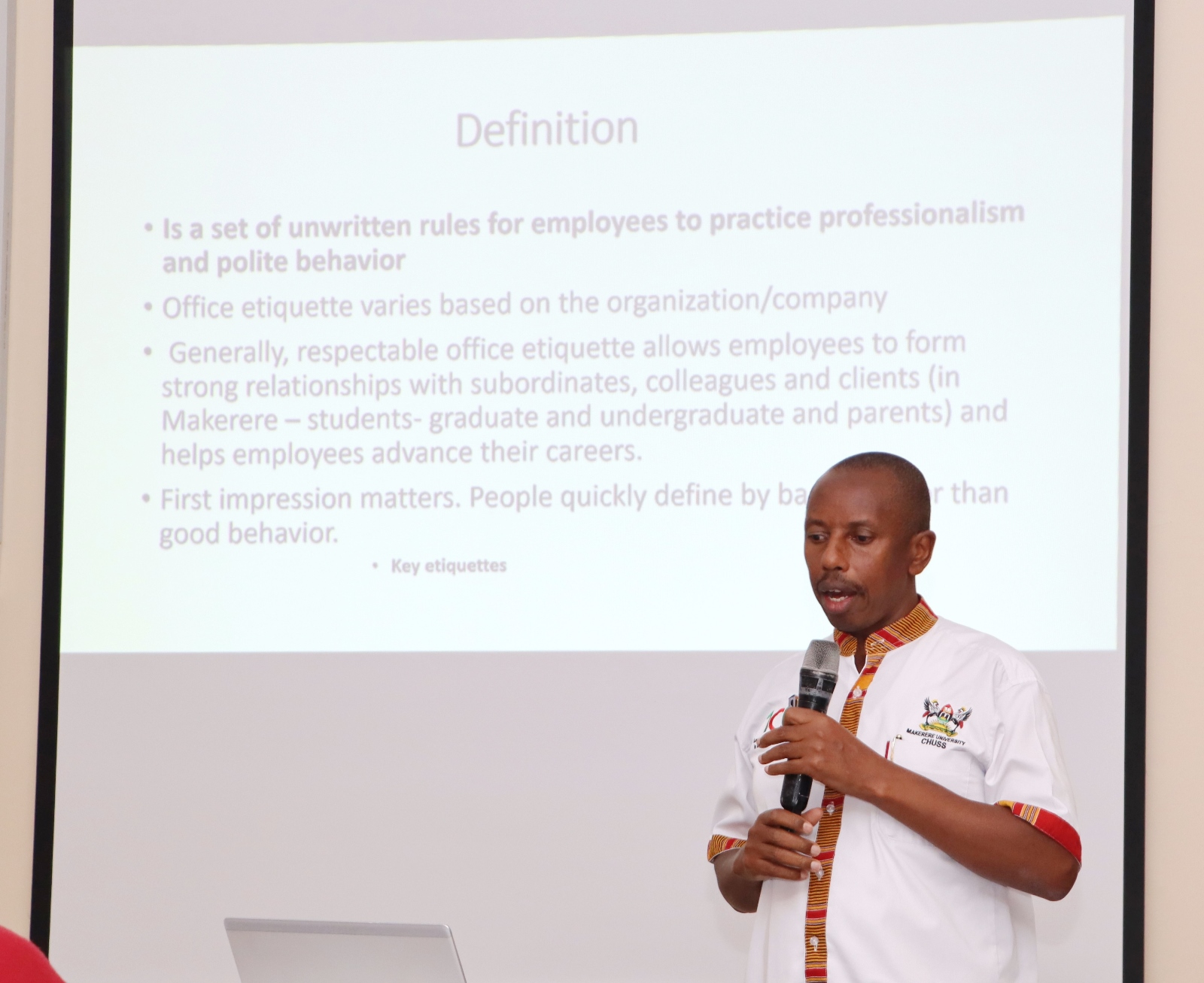 Dr. Gilbert Gumoshabe leads the session on Office Etiquette at the CHUSS Retreat. Makerere University College of Humanities and Social Sciences (CHUSS) Staff Retreat, 1st-2nd November 2024, Nican Resort Hotel, Seguku Entebbe Road, Kampala Uganda, East Africa.