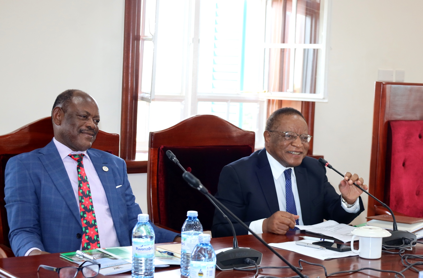 Prof. Ezra Suruma (Right) and Prof. Barnabas Nawangwe (Left) at the event. Stakeholders, researchers, and policymakers workshop to discuss the progress and emerging issues in the implementation of Uganda’s Parish Development Model (PDM), 12th November 2024, Council Room, Main Building, Makerere University, Kampala Uganda, East Africa.