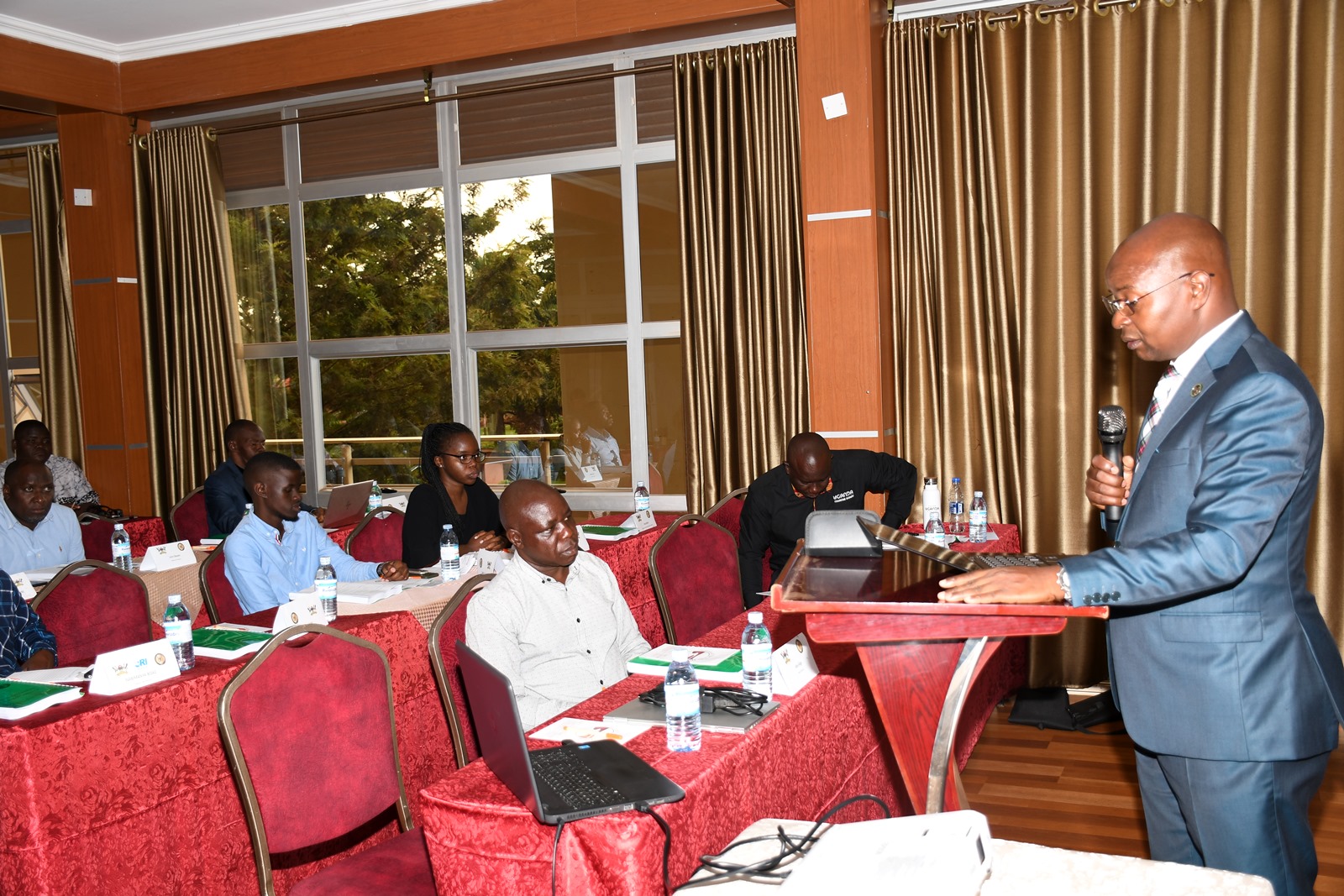 Prof. Edward Bbaale addresses participants. Public Investment Management (PIM) Centre of Excellence, College of Business and Management Sciences (CoBAMS), Makerere University, Kampala Uganda, East Africa advanced capacity-building training on Economic and Stakeholder Analysis commencement, 25th November 2024.