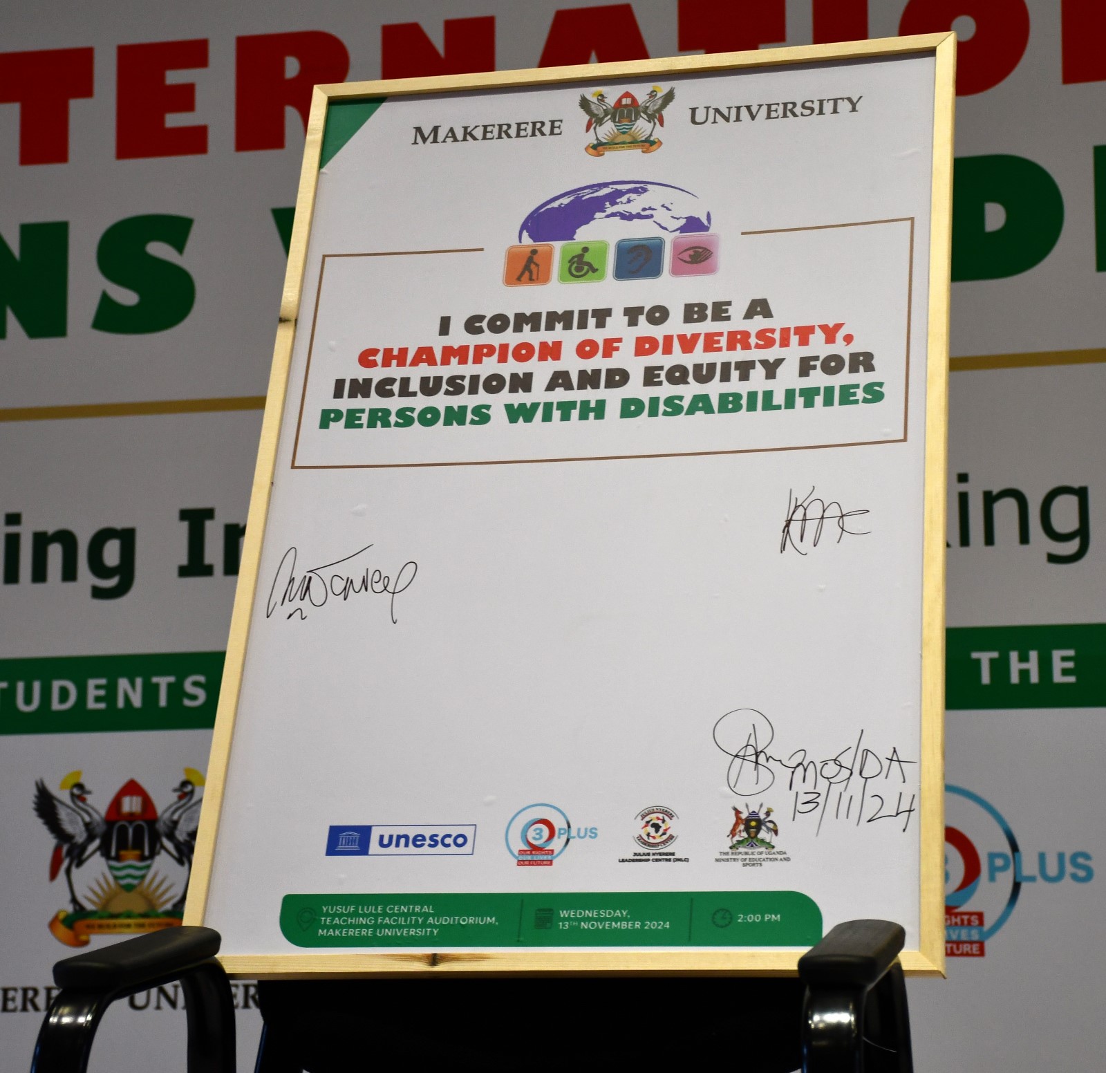 The Commemorative card that was signed by guest as commitment to supporting inclusivity at Makerere University. Office of the Dean of Students and the 90th Students' Guild-Ministry of Students with Disabilities inaugural International Day of Persons with Disabilities commemoration, 13th November 2024, Yusuf Lule Central Teaching Facility Auditorium, Makerere University, Kampala Uganda, East Africa.