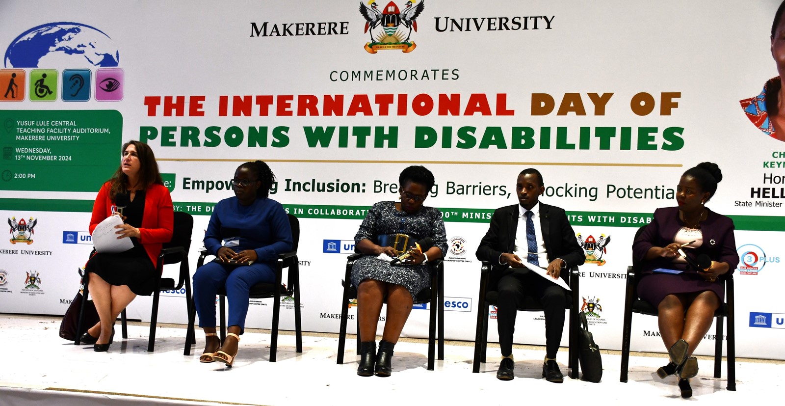 A panel of experts discussing the issues affecting PWDs and how to mitigate them. Office of the Dean of Students and the 90th Students' Guild-Ministry of Students with Disabilities inaugural International Day of Persons with Disabilities commemoration, 13th November 2024, Yusuf Lule Central Teaching Facility Auditorium, Makerere University, Kampala Uganda, East Africa.