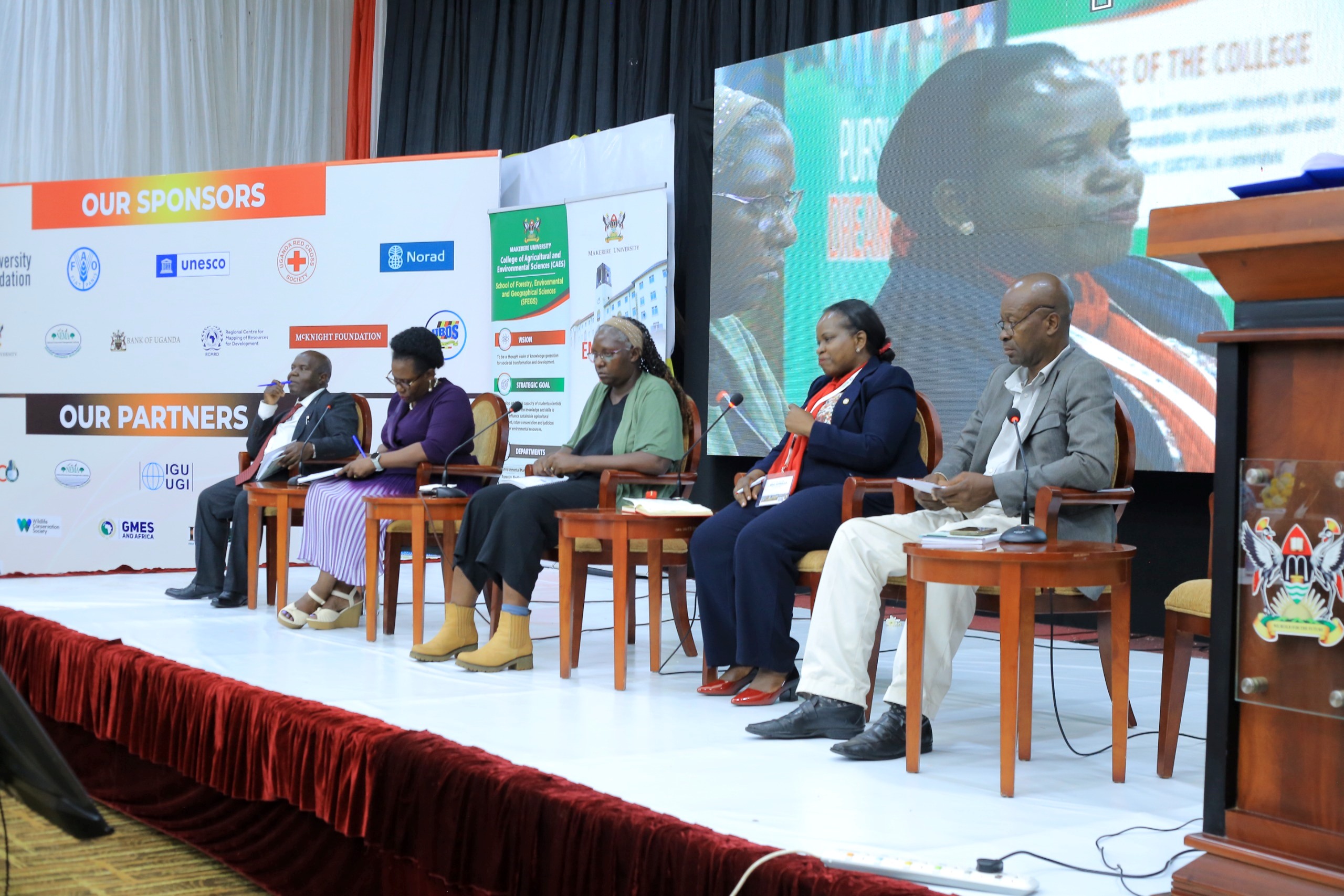 Panelists (Left to Right): Mr. Ronald Kaggwa, Assoc. Prof. Justine Namaalwa, Ms. Pauline Nantongo Kalunda, Dr. Harriet Rachel Kagoya and Mr. Moses Nadiope. College of Agricultural and Environmental Sciences (CAES), Makerere University in partnership with International Geographical Union (IGU) Commission of Biogeography and Biodiversity, the IGU Commission on African Studies, Uganda Geographical Association, and the International Association of Landscape Ecology (IALE) African Chapter, 3rd International Conference on Geographical Science for Resilient Communities, Ecosystems and Livelihoods under Global Environmental Change (GORILLA), Day 1, 4th December 2024, Hotel Africana, Kampala Uganda, East Africa.