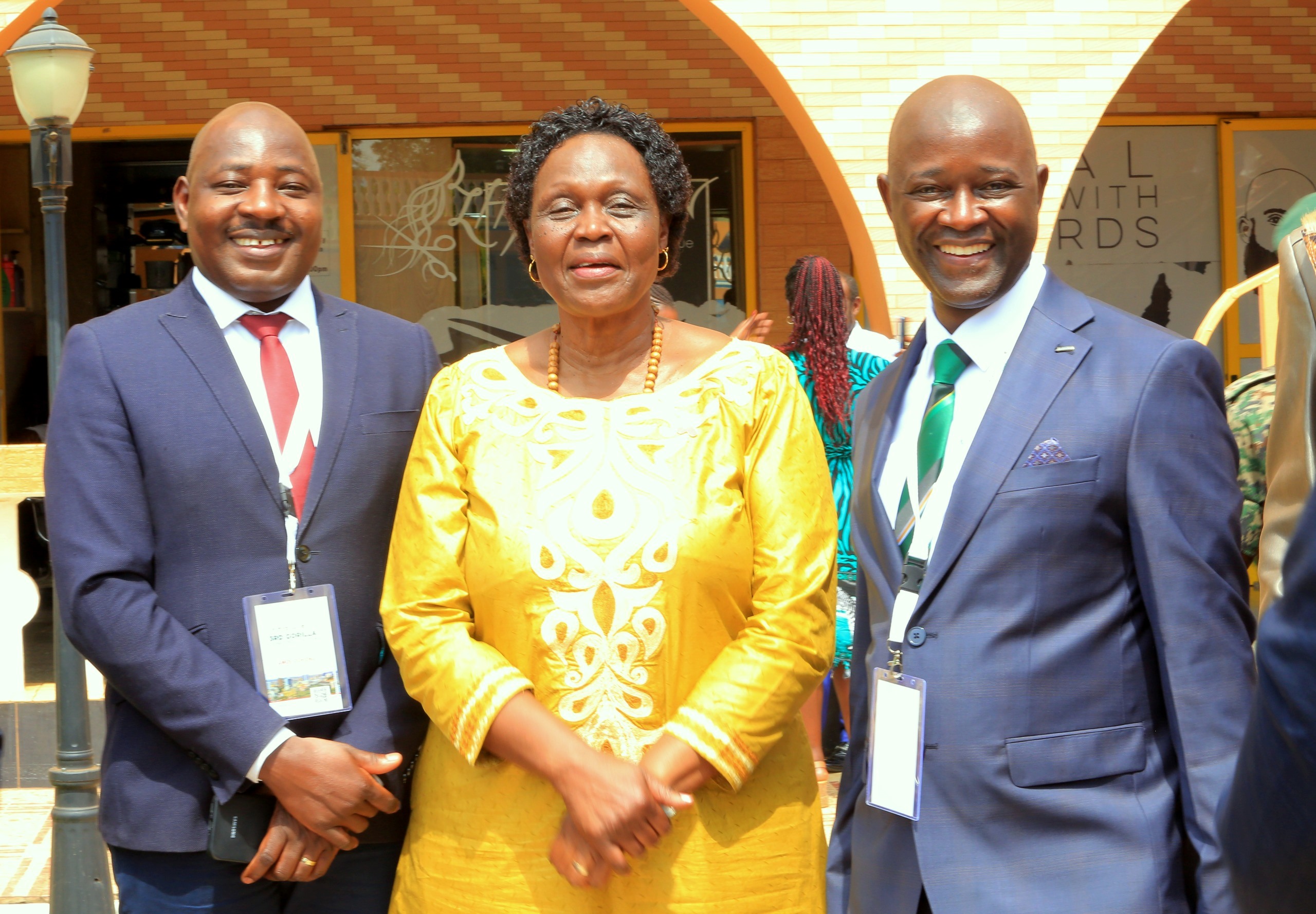 Hon. Beatrice Atim Anywar (C) enjoys a photo moment with Prof. Yazidhi Bamutaze (R) and a CAES Staff. College of Agricultural and Environmental Sciences (CAES), Makerere University in partnership with International Geographical Union (IGU) Commission of Biogeography and Biodiversity, the IGU Commission on African Studies, Uganda Geographical Association, and the International Association of Landscape Ecology (IALE) African Chapter, 3rd International Conference on Geographical Science for Resilient Communities, Ecosystems and Livelihoods under Global Environmental Change (GORILLA), Day 1, 4th December 2024, Hotel Africana, Kampala Uganda, East Africa.