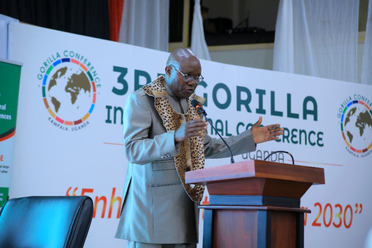 H.R.H. Jude Mike Mudoma, the Umukhukha of Bamasaba discusses about Traditional Ecological Knowledge (TEK) at the conference. College of Agricultural and Environmental Sciences (CAES), Makerere University in partnership with International Geographical Union (IGU) Commission of Biogeography and Biodiversity, the IGU Commission on African Studies, Uganda Geographical Association, and the International Association of Landscape Ecology (IALE) African Chapter, 3rd International Conference on Geographical Science for Resilient Communities, Ecosystems and Livelihoods under Global Environmental Change (GORILLA), Day 1, 4th December 2024, Hotel Africana, Kampala Uganda, East Africa.