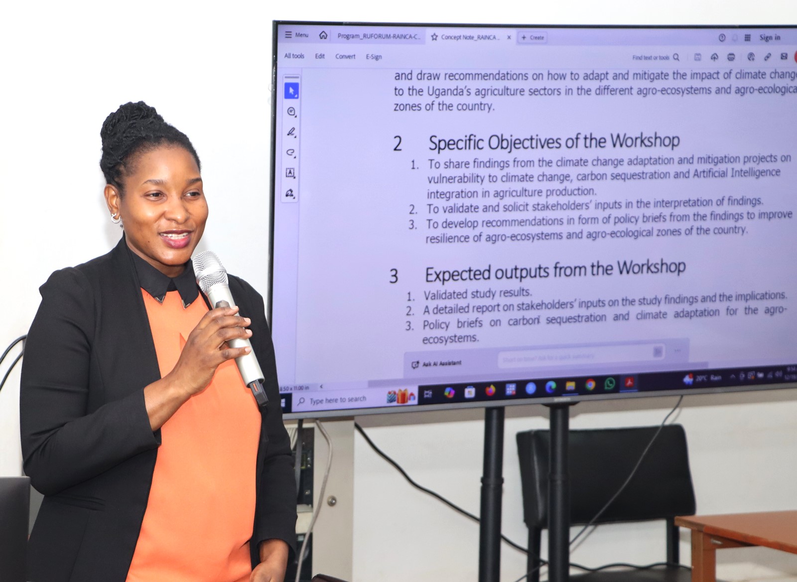 Dr. Catherine Mulinde giving an overview of the workshop objectives. Department of Geography, Geo-informatics, and Climatic Sciences at Makerere University, in collaboration with the Department of Geography at Kyambogo University, workshop to disseminate research findings from three climate adaptation and mitigation projects funded by the Regional Universities Forum for Capacity Building in Agriculture (RUFORUM), RAINCA, WASCAL, Akademiya2063, and the Carnegie Corporation of New York under the CECAP Program, 19th December 2024, GIS Lab, CoCIS Block A, Makerere University, Kampala Uganda, East Africa.