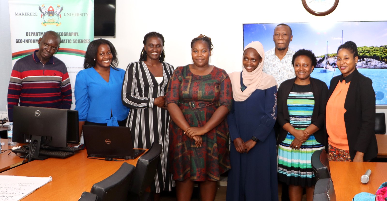 Left and Right: Dr. Paul Mukwaya and Dr. Catherine Mulinde with student beneficiaries of the projects. Department of Geography, Geo-informatics, and Climatic Sciences at Makerere University, in collaboration with the Department of Geography at Kyambogo University, workshop to disseminate research findings from three climate adaptation and mitigation projects funded by the Regional Universities Forum for Capacity Building in Agriculture (RUFORUM), RAINCA, WASCAL, Akademiya2063, and the Carnegie Corporation of New York under the CECAP Program, 19th December 2024, GIS Lab, CoCIS Block A, Makerere University, Kampala Uganda, East Africa.