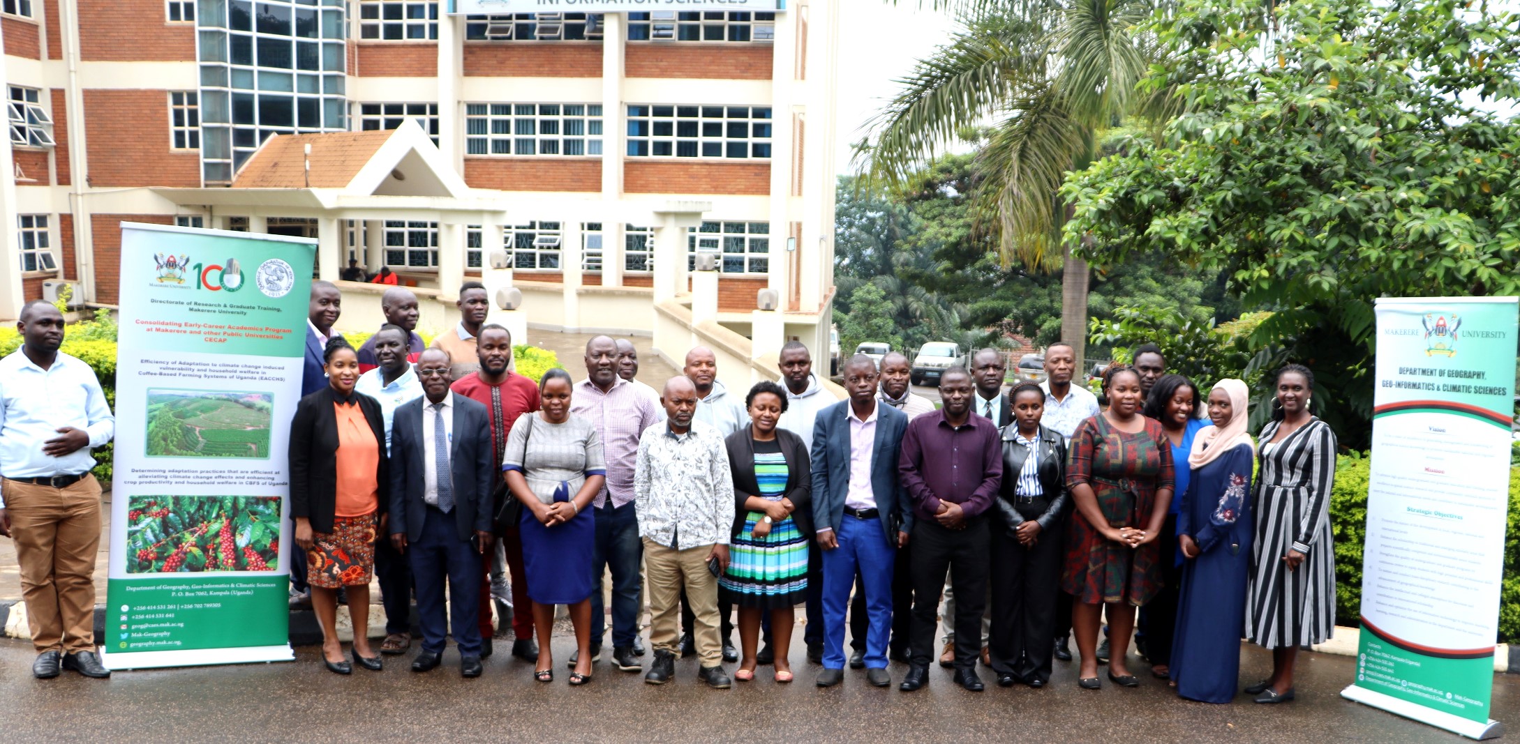 Workshop participants in a group photo during the break session. Department of Geography, Geo-informatics, and Climatic Sciences at Makerere University, in collaboration with the Department of Geography at Kyambogo University, workshop to disseminate research findings from three climate adaptation and mitigation projects funded by the Regional Universities Forum for Capacity Building in Agriculture (RUFORUM), RAINCA, WASCAL, Akademiya2063, and the Carnegie Corporation of New York under the CECAP Program, 19th December 2024, GIS Lab, CoCIS Block A, Makerere University, Kampala Uganda, East Africa.