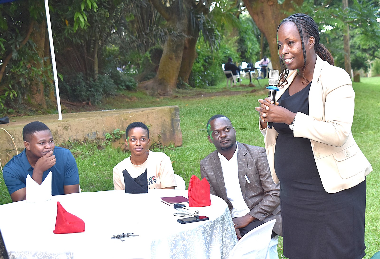 A representative from the University Counseling and Guidance Centre briefing students on the services offered. Looking on is Dr Katongole (seated R) and the representatives from the University International Office. College of Agricultural and Environmental Sciences (CAES) Welcoming Building Capacity for Climate-Resilient Food Systems in Africa (CaReFoAfrica) Project-a three-year intra-Africa Academic Mobility Scheme co-funded by the EU-sponsored students to Makerere University, Kampala Uganda, East Africa on 29th November 2024.