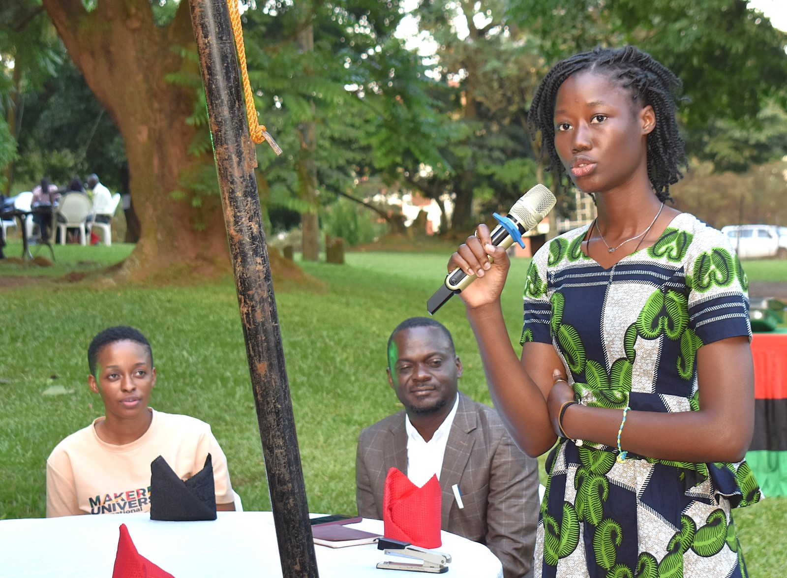 Emmanuella Merveille Lanyan from Abomey Calavi University in Benin, one of the students sponsored by the project briefing guests on her expectations. College of Agricultural and Environmental Sciences (CAES) Welcoming Building Capacity for Climate-Resilient Food Systems in Africa (CaReFoAfrica) Project-a three-year intra-Africa Academic Mobility Scheme co-funded by the EU-sponsored students to Makerere University, Kampala Uganda, East Africa on 29th November 2024.