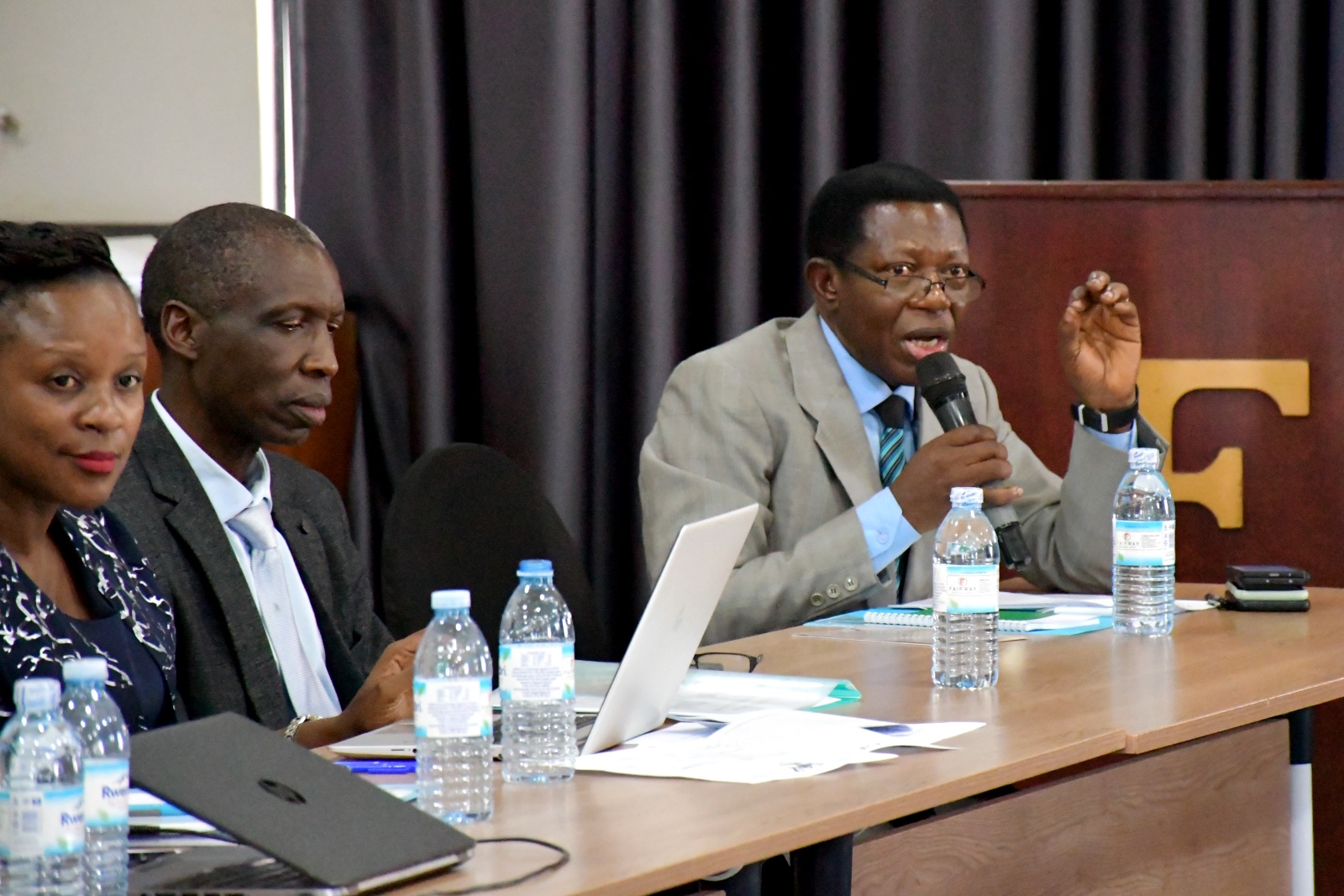 Left to Right: Dr. Dorothy Kyagaba Ssebowa, Prof. Anthony Muwagga Mugagga and Prof. Buyinza Mukadasi. Inaugural comprehensive training program aimed at enhancing the pedagogical and professional competencies of its academic staff, 11th-14th December 2024, Fairway Hotel, organized by the Office of the Deputy Vice Chancellor (Academic Affairs), facilitated by the Centre for Teaching and Learning Support (CTLS), College of Education and External Studies (CEES), Makerere University, Kampala Uganda, East Africa.