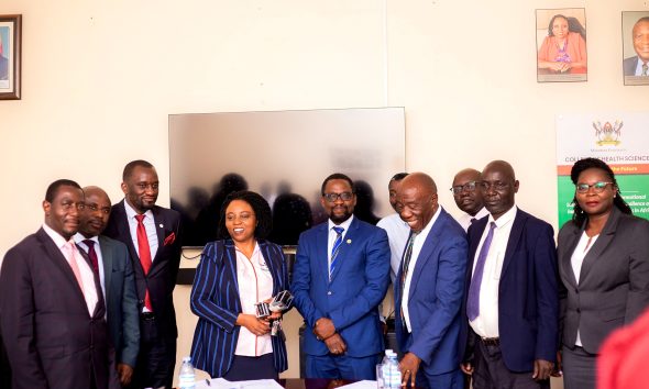 Left to Right: Mr. Evarist Bainomugisha, Mr. Deus Tayari Mujuni, Mr. Simon Kizito, Prof. Damalie Nakanjako, Prof. Bruce Kirenga, Dr. David Patrick Kateete (Rear), Prof. Henry Alinaitwe, Dr. Richard Idro (Rear), Mr. Patrick Akonyet and Prof. Annettee Nakimuli at the handover ceremony on 2nd December 2024. Handover of Principal Office by Prof. Damalie Nakanjako to Assoc. Prof. Bruce Kirenga, 2nd December 2024, College Boardroom, College of Health Sciences (CHS), Makerere University, New Mulago Hospital Complex, Kampala Uganda, East Africa.