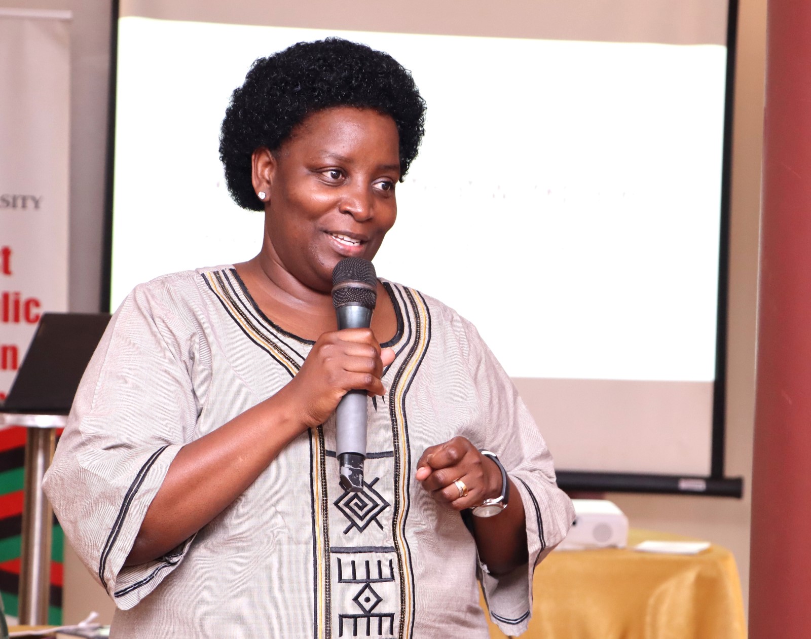 Principal Assoc. Prof. Helen Nambalirwa Nkabala speaking during the retreat. The College of Humanities and Social Sciences (CHUSS), Makerere University first-ever non-academic staff retreat, December 7-8, 2024, Grand Global Hotel, Kikoni, Kampala Uganda, East Africa.