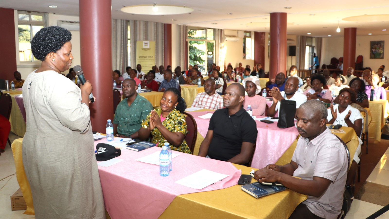 The Principal CHUSS, Assoc. Prof. Helen Nambalirwa Nkabala speaking to staff at the Grand Global Hotel during the retreat. The College of Humanities and Social Sciences (CHUSS), Makerere University first-ever non-academic staff retreat, December 7-8, 2024, Grand Global Hotel, Kikoni, Kampala Uganda, East Africa.