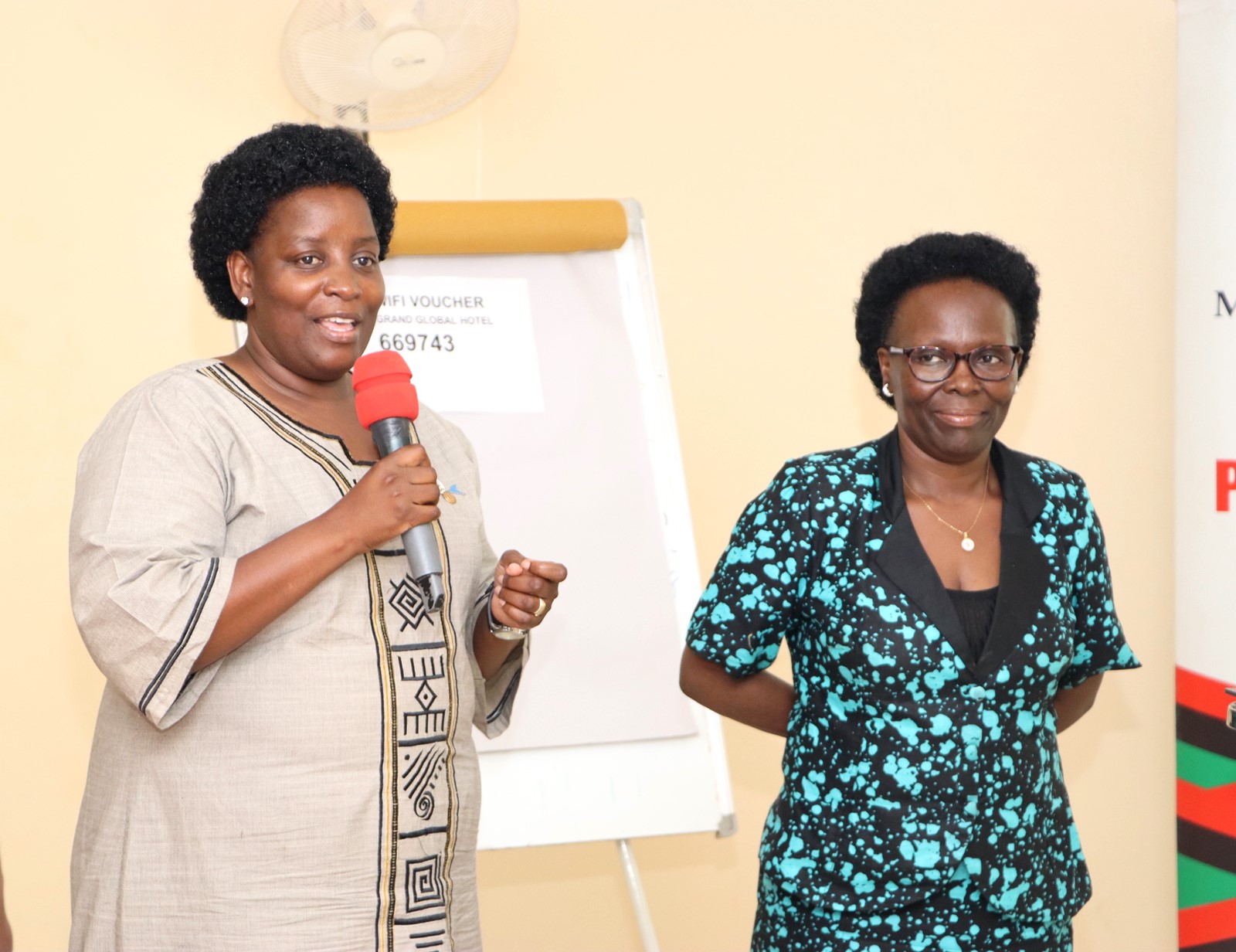 Assoc. Prof. Helen Nkabala (Left) introducing Prof. Sylvia Antonia Nakimera Nanyonga Tamusuza (Right). The College of Humanities and Social Sciences (CHUSS), Makerere University first-ever non-academic staff retreat, December 7-8, 2024, Grand Global Hotel, Kikoni, Kampala Uganda, East Africa.