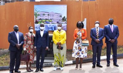 The First Lady and Minister of Education and Sports, Hon. Janet K. Museveni (C) with the Chair Council, Mrs. Lorna Magara (3rd R), Vice Chancellor, Prof. Barnabas Nawangwe (2nd R), University Secretary, Mr. Yusuf Kiranda (R), Principal SoL, Prof. Christopher Mbazira (3rd L), Dep. Principal SoL, Dr. Ronald Naluwairo (L) and Dr. Maria Nassali (2nd L) after she laid the foundation stone for the construction of the School of Law New Building on 17th May 2022, Makerere University, Kampala Uganda, East Africa.