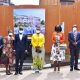 The First Lady and Minister of Education and Sports, Hon. Janet K. Museveni (C) with the Chair Council, Mrs. Lorna Magara (3rd R), Vice Chancellor, Prof. Barnabas Nawangwe (2nd R), University Secretary, Mr. Yusuf Kiranda (R), Principal SoL, Prof. Christopher Mbazira (3rd L), Dep. Principal SoL, Dr. Ronald Naluwairo (L) and Dr. Maria Nassali (2nd L) after she laid the foundation stone for the construction of the School of Law New Building on 17th May 2022, Makerere University, Kampala Uganda, East Africa.