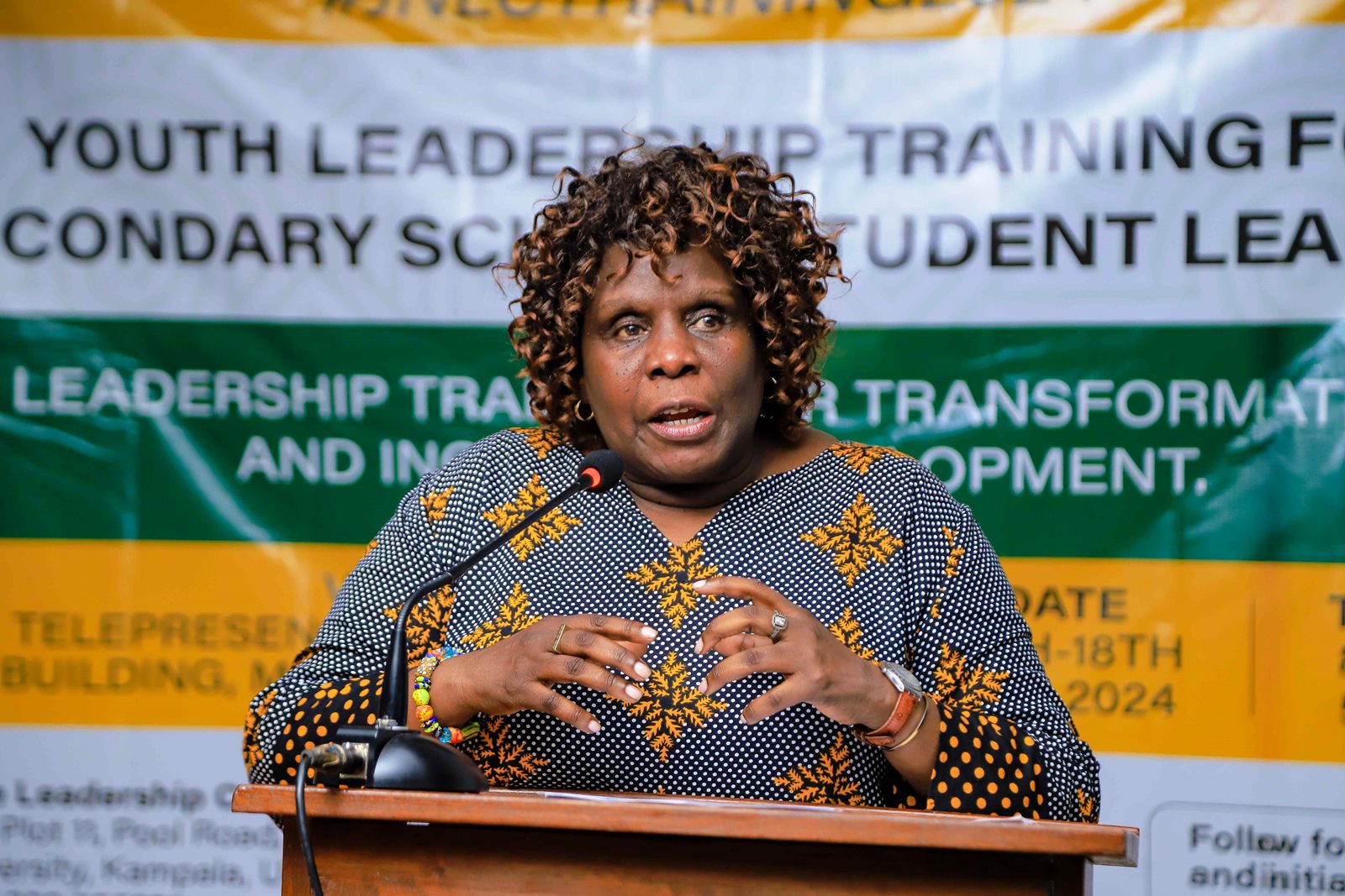 Dr. Nansozi Muwanga makes her opening remarks. The Julius Nyerere Leadership Center (JNLC) transformative three-day Youth Leadership Training program for secondary school student leaders, December 2024 Makerere University, Kampala Uganda, East Africa.