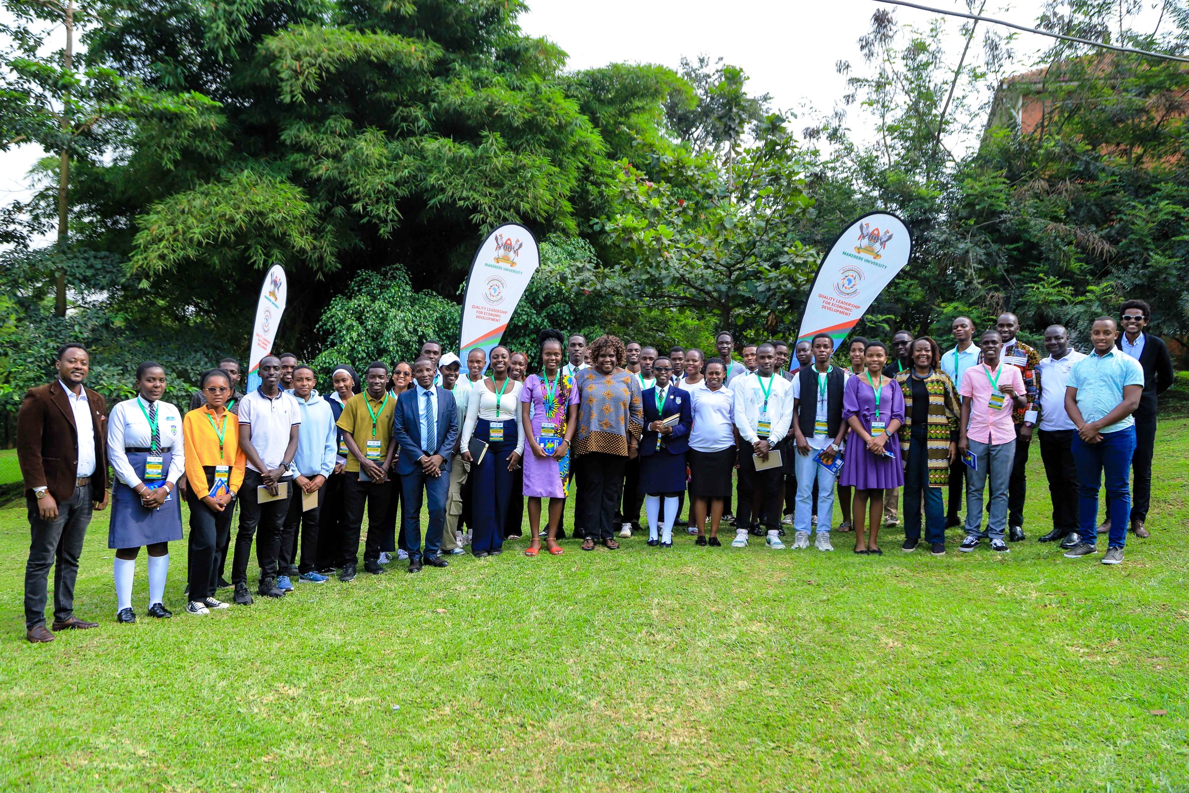 Dr. Nansozi Muwanga (Centrer) and Facilitators pose for a group photo with the Secondary School Student Leaders in the JNLC Gardens, Makerere University on 16th December 2024. The Julius Nyerere Leadership Center (JNLC) transformative three-day Youth Leadership Training program for secondary school student leaders, December 2024 Makerere University, Kampala Uganda, East Africa.