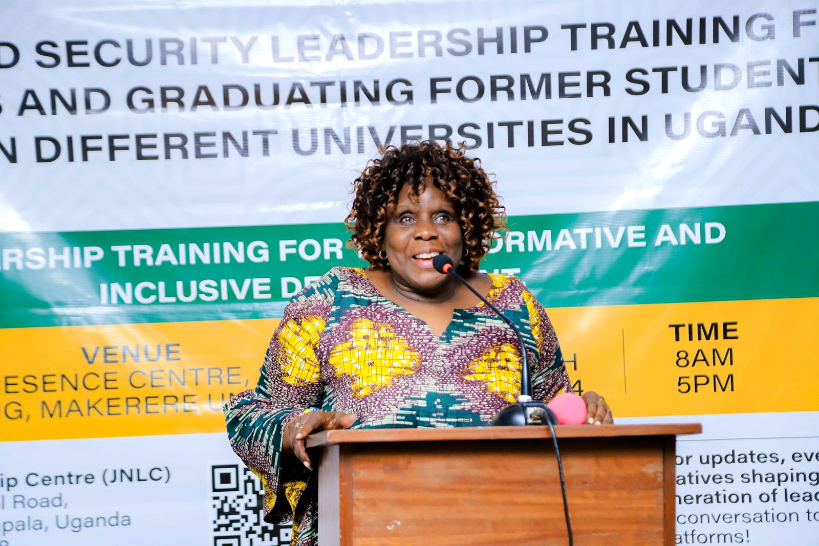 Dr. Nansozi Muwanga, the Executive Director JNLC addresses participants. Konrad Adenauer Stiftung-Julius Nyerere Leadership Centre (JNLC) Peace and Security Leadership Training for Finalists and Graduating former Student Leaders in Different Universities in Uganda, Day one, 3rd December 2024, Telepresence Centre, Senate Building, Makerere University, Kampala, East Africa.