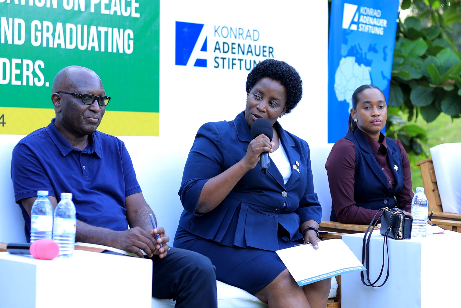 Some of the Panelists from Left to Right: Prof. Philip Kasaija, Prof. Helen Nambalirwa Nkabala and Ms. Joanna Grace Nakabiito. Konrad Adenauer Stiftung-Julius Nyerere Leadership Centre (JNLC) Peace and Security Leadership Training for Finalists and Graduating former Student Leaders in Different Universities in Uganda, Day Three, 5th December 2024, JNLC Gardens, Pool Road, Makerere University, Kampala Uganda, East Africa.