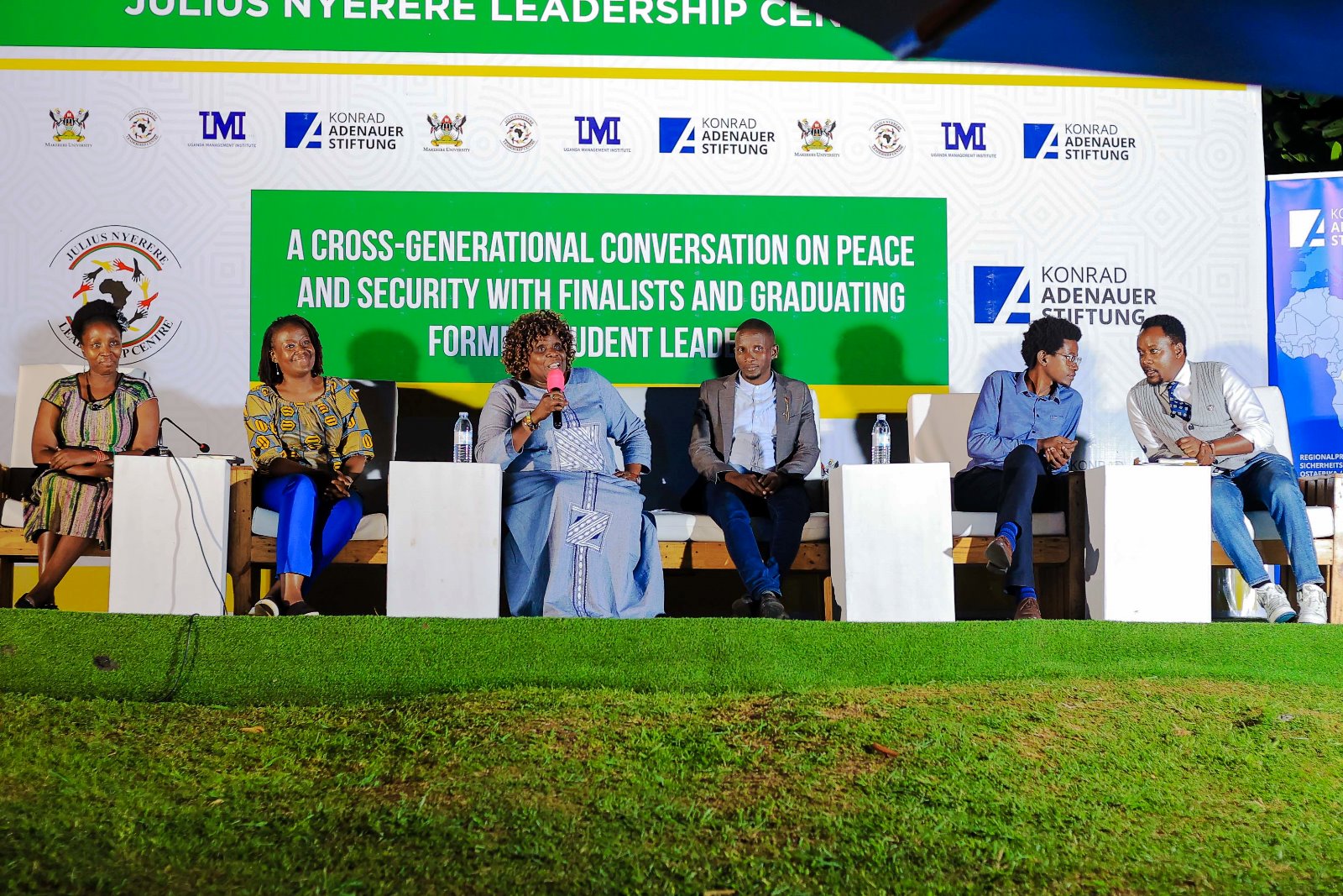 Dr. Nansozi Muwanga (3rd Left) delivers closing remarks at the conclusion of the fireside cross-generational dialogue. Konrad Adenauer Stiftung-Julius Nyerere Leadership Centre (JNLC) Peace and Security Leadership Training for Finalists and Graduating former Student Leaders in Different Universities in Uganda, Day Three, 5th December 2024, JNLC Gardens, Pool Road, Makerere University, Kampala Uganda, East Africa.