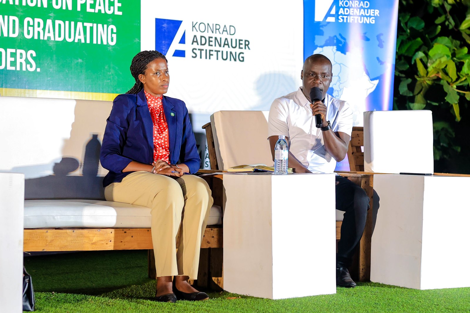 Mr. Robert Muhangi (Right) contributes to the panel discussion. Konrad Adenauer Stiftung-Julius Nyerere Leadership Centre (JNLC) Peace and Security Leadership Training for Finalists and Graduating former Student Leaders in Different Universities in Uganda, Day Three, 5th December 2024, JNLC Gardens, Pool Road, Makerere University, Kampala Uganda, East Africa.