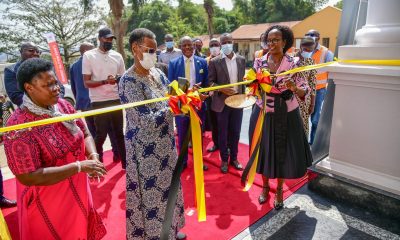 Hon. Janet Kataaha Museveni, First Lady and Minister of Education and Sports cut the ribbon at the opening of the School of Law Building, left is the State Minister for Primary Education Hon. Dr. Joyce Moriku Kaducu and Mak Council Chairperson Mrs. Lorna Magara on the right.