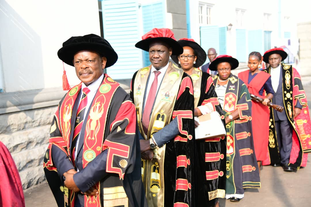 The Academic Procession (Left to Right): VC-Prof. Barnabas Nawangwe, Dep. Chair Council-Rt. Hon. Daniel Fred Kidega, Chair Council-Mrs. Lorna Magara, State Minister for Primary Education-Hon. Dr. Joyce Moriku Kaducu, Mace Bearer-Ms. Imaanirunva Naume and Chancellor-Hon. Dr. Crispus Kiyonga. 75th Graduation Ceremony, Day 1, CoCIS, CEES, CoVAB and School of Law. 13th January 2025, Freedom Square, Makerere University, Kampala Uganda, East Africa.