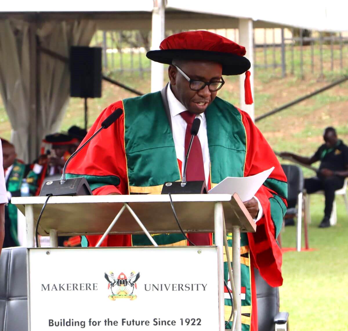 Assoc. Prof. Engineer Bainomugisha presenting students for the awards. 75th Graduation Ceremony, Day 1, CoCIS, CEES, CoVAB and School of Law. 13th January 2025, Freedom Square, Makerere University, Kampala Uganda, East Africa.