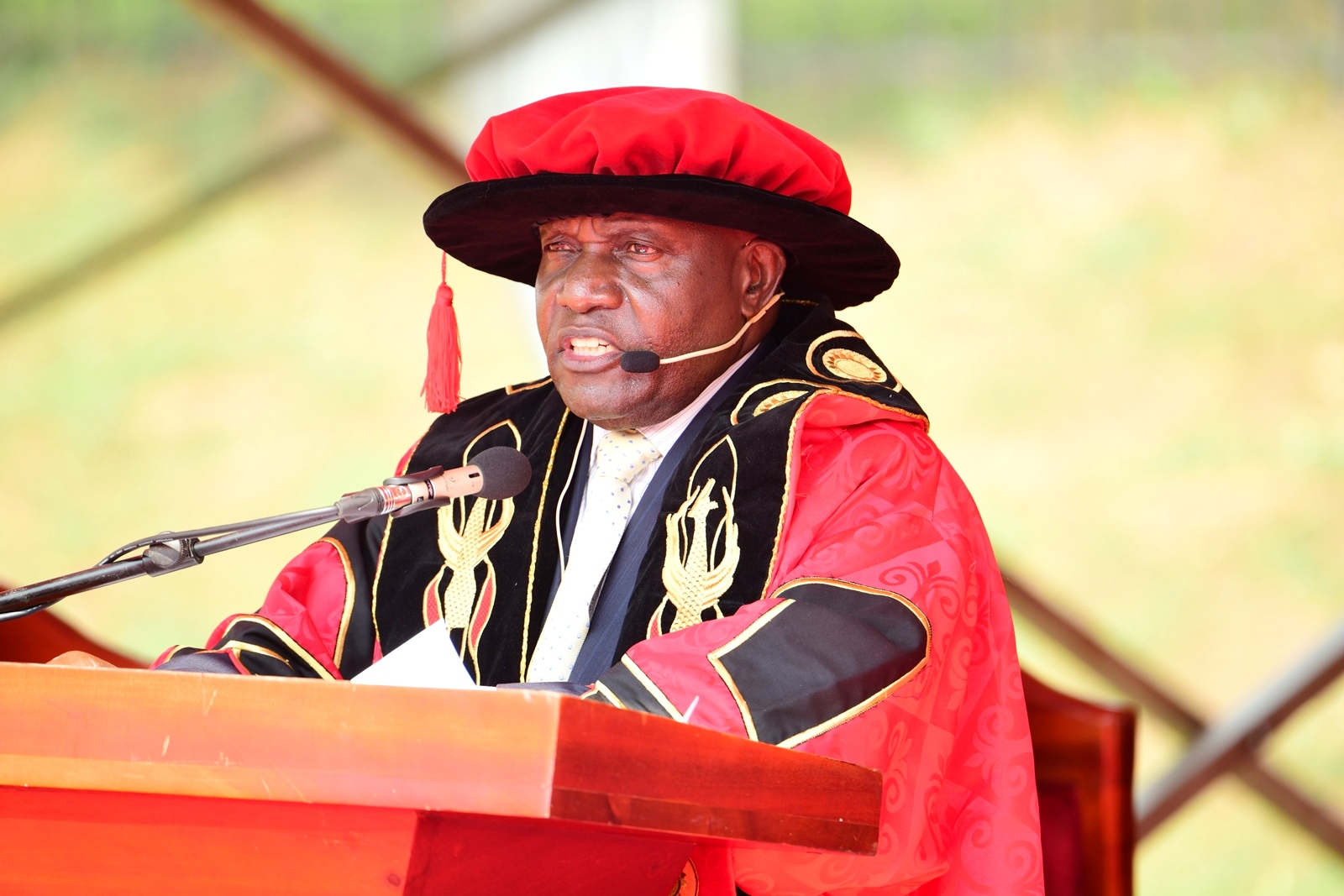 Hon. Dr. Crispus Kiyonga addresses the congregation during the First Session. 75th Graduation Ceremony, Day 1, CoCIS, CEES, CoVAB and School of Law. 13th January 2025, Freedom Square, Makerere University, Kampala Uganda, East Africa.