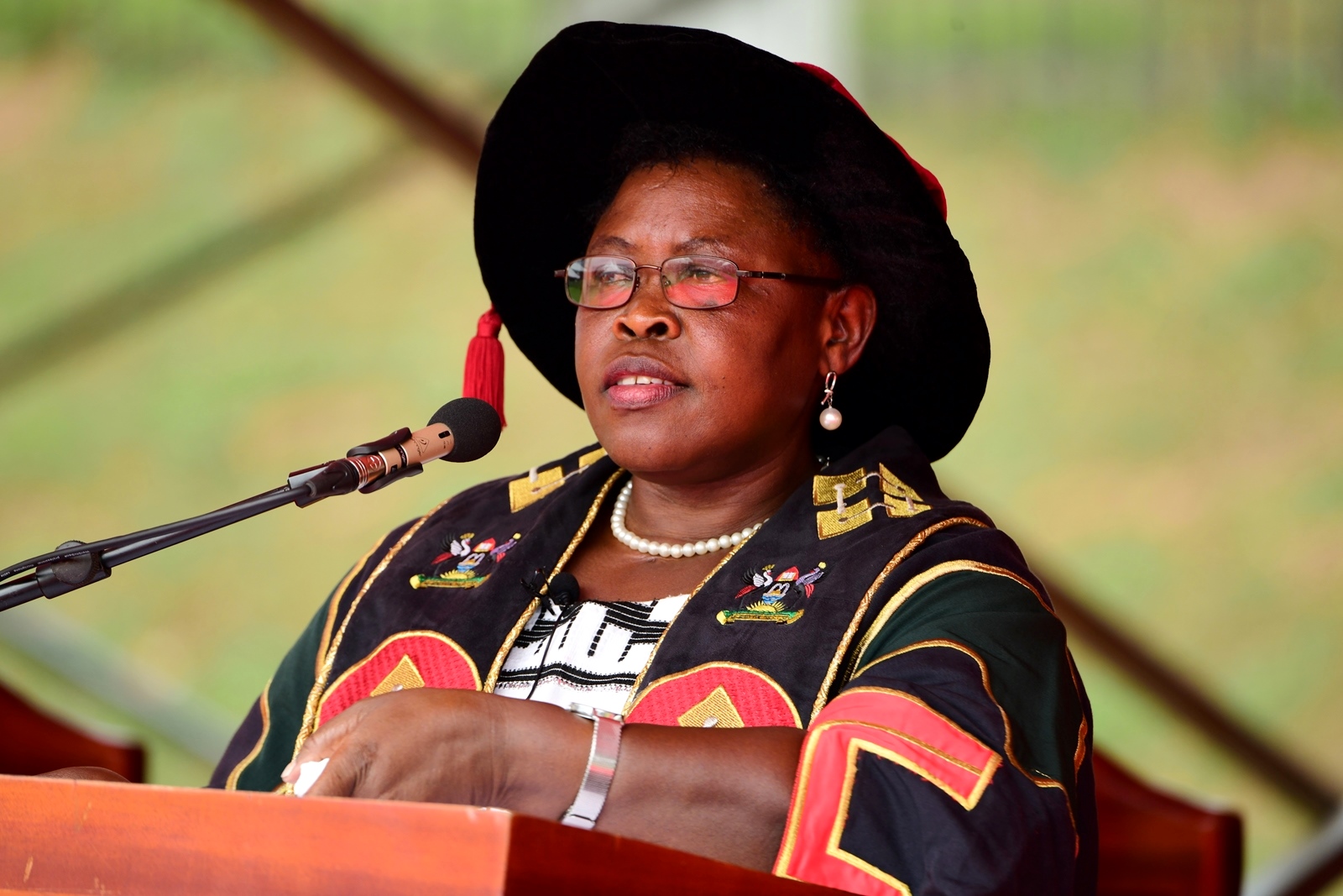 The Minister of State for Primary Education Hon. Dr. Joyce Moriku Kaducu represented the Minister of Education and Sports, Hon. Janet Kataaha Museveni during the First Session. 75th Graduation Ceremony, Day 1, CoCIS, CEES, CoVAB and School of Law. 13th January 2025, Freedom Square, Makerere University, Kampala Uganda, East Africa.