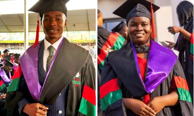 A Montage of the Best Overall LLB Student of the 75th Graduation Ceremony, Mr. Alado Lawrence who attained a First Class Degree with a CGPA of 4.56 and the Best LLB Female Student, Ms. Nakalema Stella Maris who attained a Second Upper Class Degree with a CGPA of 4.26. 75th Graduation Ceremony, Day 1, CoCIS, CEES, CoVAB and School of Law. 13th January 2025, Freedom Square, Makerere University, Kampala Uganda, East Africa.