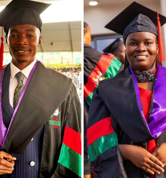 A Montage of the Best Overall LLB Student of the 75th Graduation Ceremony, Mr. Alado Lawrence who attained a First Class Degree with a CGPA of 4.56 and the Best LLB Female Student, Ms. Nakalema Stella Maris who attained a Second Upper Class Degree with a CGPA of 4.26. 75th Graduation Ceremony, Day 1, CoCIS, CEES, CoVAB and School of Law. 13th January 2025, Freedom Square, Makerere University, Kampala Uganda, East Africa.