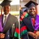 A Montage of the Best Overall LLB Student of the 75th Graduation Ceremony, Mr. Alado Lawrence who attained a First Class Degree with a CGPA of 4.56 and the Best LLB Female Student, Ms. Nakalema Stella Maris who attained a Second Upper Class Degree with a CGPA of 4.26. 75th Graduation Ceremony, Day 1, CoCIS, CEES, CoVAB and School of Law. 13th January 2025, Freedom Square, Makerere University, Kampala Uganda, East Africa.