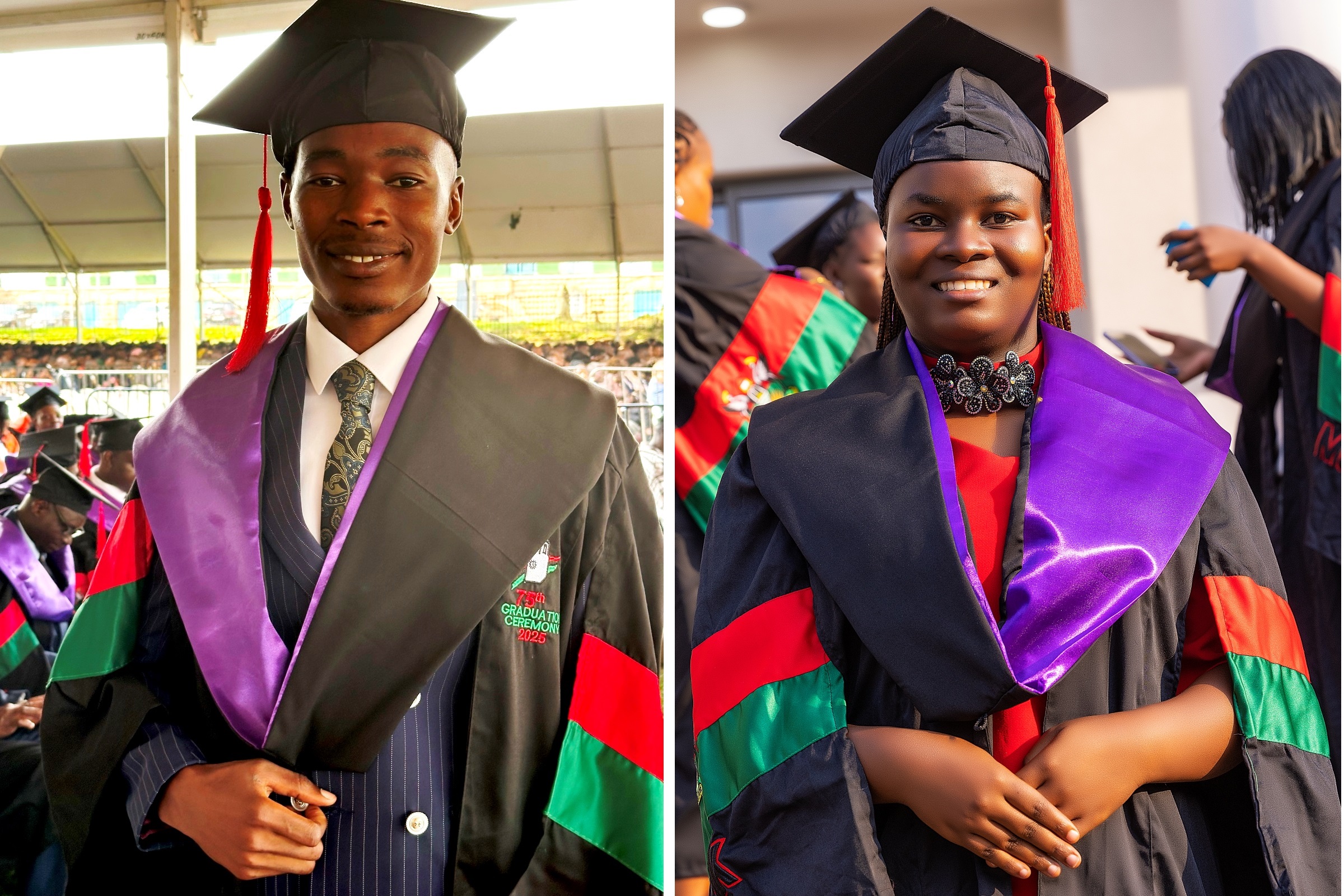 A Montage of the Best Overall LLB Student of the 75th Graduation Ceremony, Mr. Alado Lawrence who attained a First Class Degree with a CGPA of 4.56 and the Best LLB Female Student, Ms. Nakalema Stella Maris who attained a Second Upper Class Degree with a CGPA of 4.26. 75th Graduation Ceremony, Day 1, CoCIS, CEES, CoVAB and School of Law. 13th January 2025, Freedom Square, Makerere University, Kampala Uganda, East Africa.