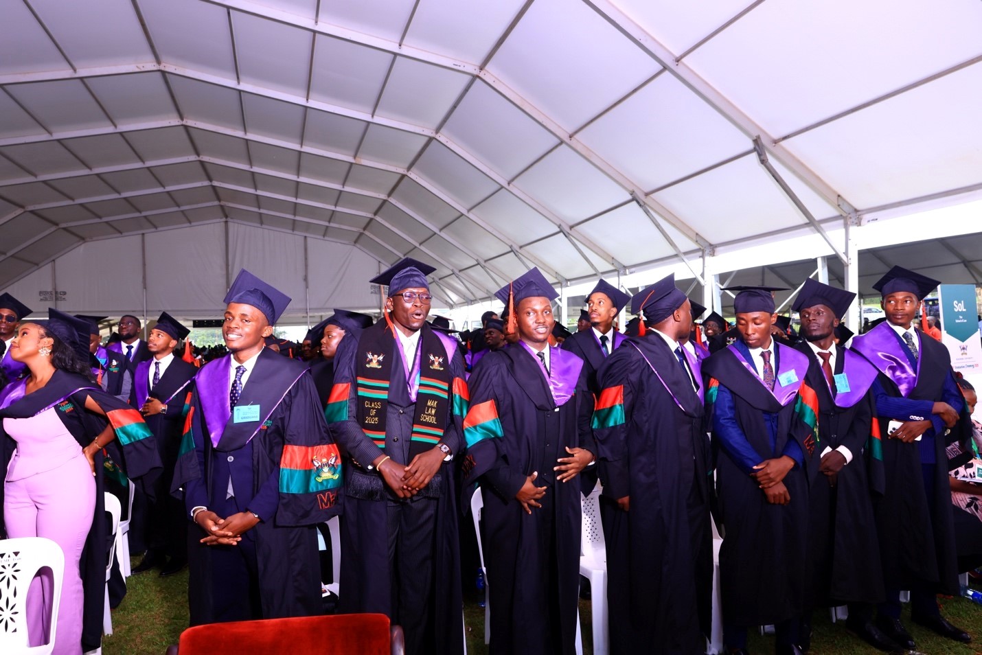 Some of the LLB students in the Graduation tent. 75th Graduation Ceremony, Day 1, CoCIS, CEES, CoVAB and School of Law. 13th January 2025, Freedom Square, Makerere University, Kampala Uganda, East Africa.