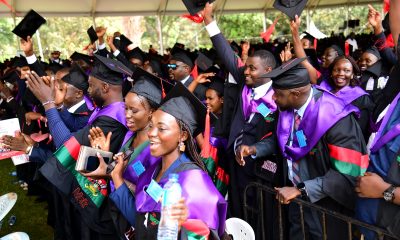 SoL Graduands celebrate after being conferred upon their awards. 75th Graduation Ceremony, Day 1, CoCIS, CEES, CoVAB and School of Law. 13th January 2025, Freedom Square, Makerere University, Kampala Uganda, East Africa.