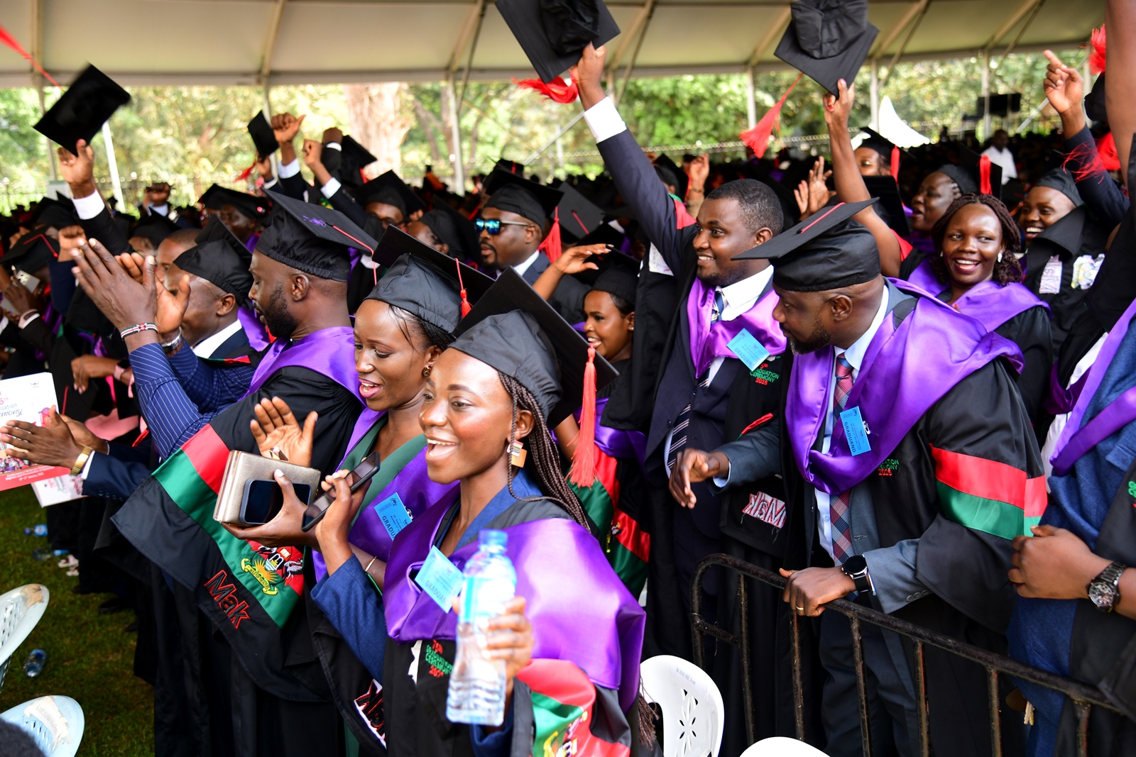 SoL Graduands celebrate after being conferred upon their awards. 75th Graduation Ceremony, Day 1, CoCIS, CEES, CoVAB and School of Law. 13th January 2025, Freedom Square, Makerere University, Kampala Uganda, East Africa.