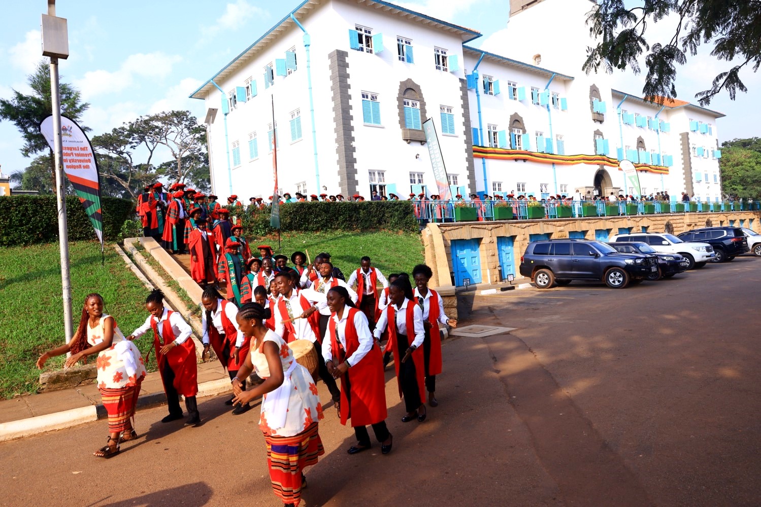 Performers lead the Academic Procession to the Mak75thGrad Ceremony. 75th Graduation Ceremony, Day 1, CoCIS, CEES, CoVAB and School of Law. 13th January 2025, Freedom Square, Makerere University, Kampala Uganda, East Africa.