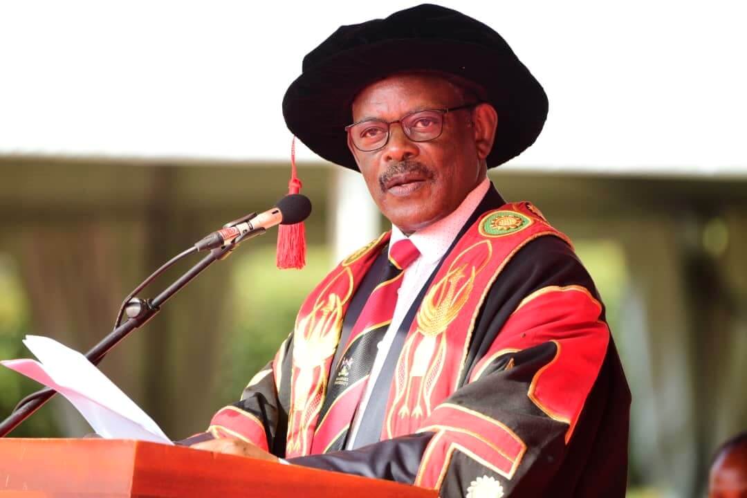 Prof. Barnabas Nawangwe speaking during the Graduation. 75th Graduation Ceremony, Day 1, CoCIS, CEES, CoVAB and School of Law. 13th January 2025, Freedom Square, Makerere University, Kampala Uganda, East Africa.