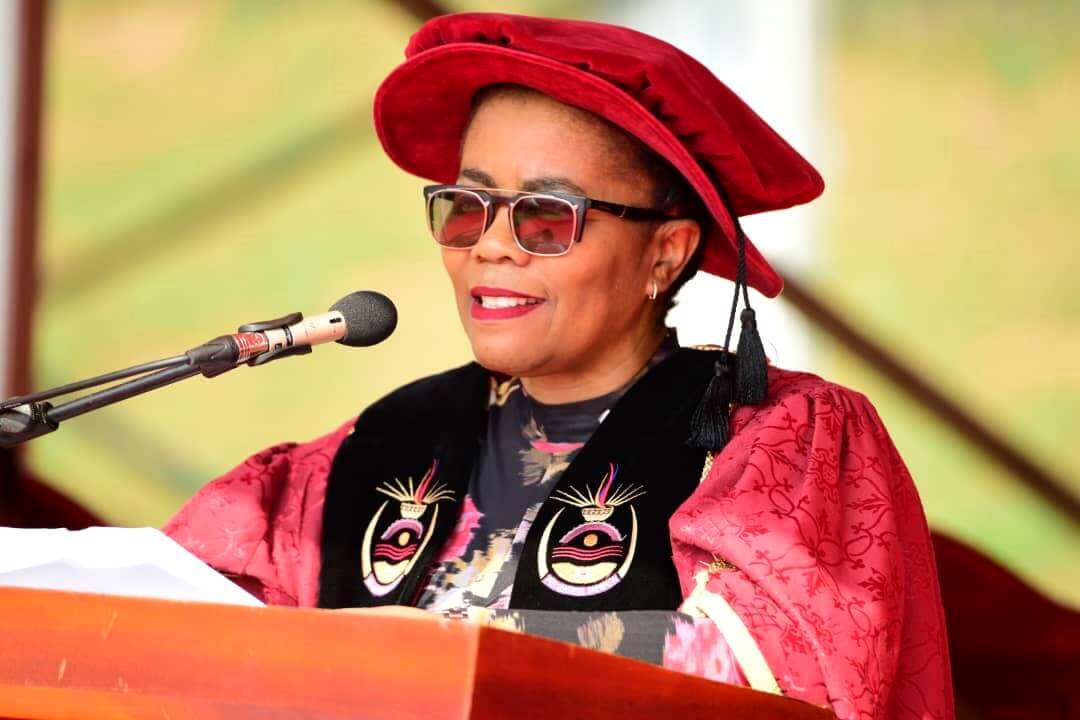 Prof. Puleng LenkaBula, Vice Chancellor of the University of South Africa delivering her commencement lecture. 75th Graduation Ceremony, Day 1, CoCIS, CEES, CoVAB and School of Law. 13th January 2025, Freedom Square, Makerere University, Kampala Uganda, East Africa.