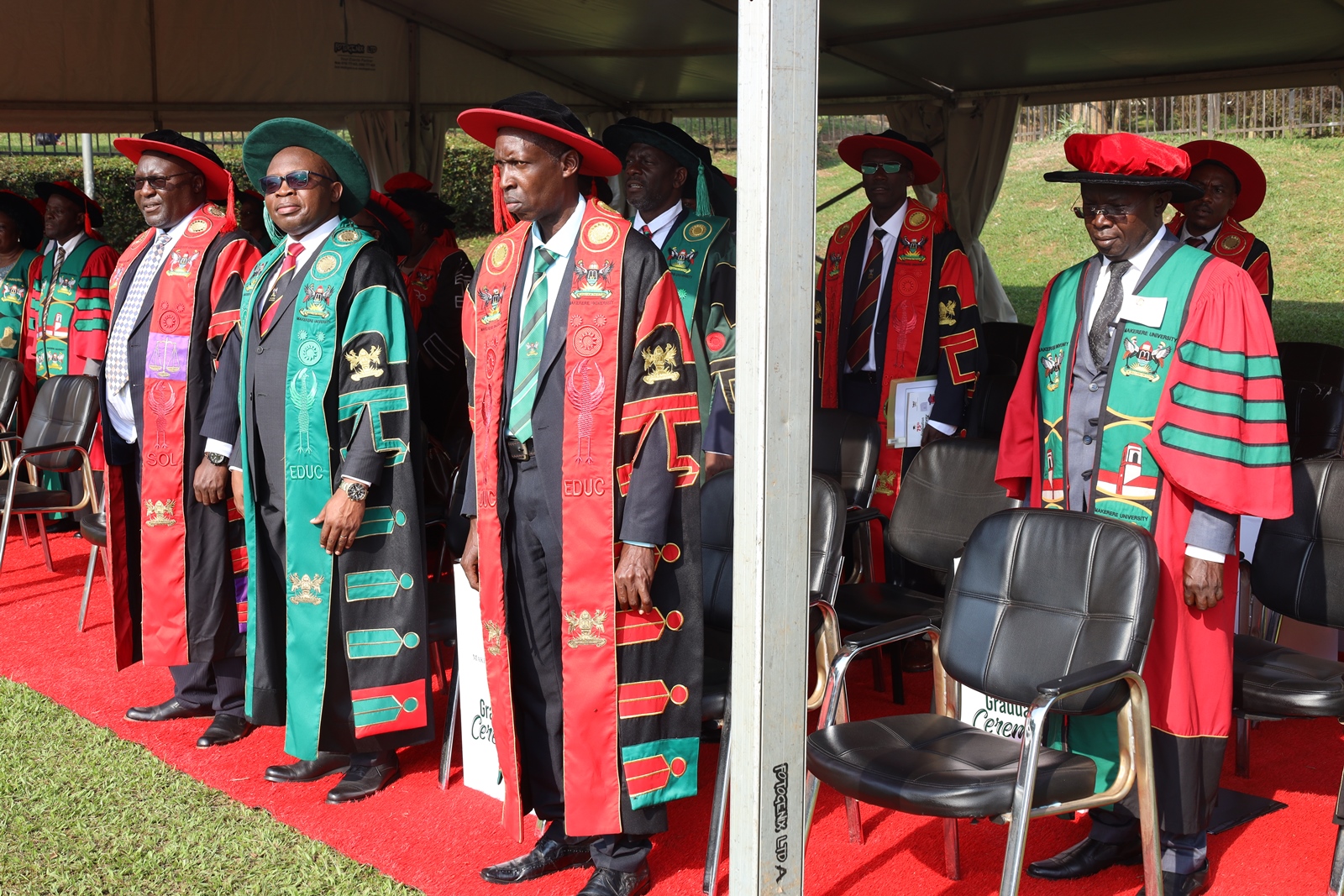 Left to Right: Assoc. Prof. Ronald Naluwairo, Assoc. Prof. Ronald Bisaso, Prof. Anthony Muwagga Mugagga and Dr. Muhammad Kiggundu Musoke. 75th Graduation Ceremony, Day 1, CoCIS, CEES, CoVAB and School of Law. 13th January 2025, Freedom Square, Makerere University, Kampala Uganda, East Africa.