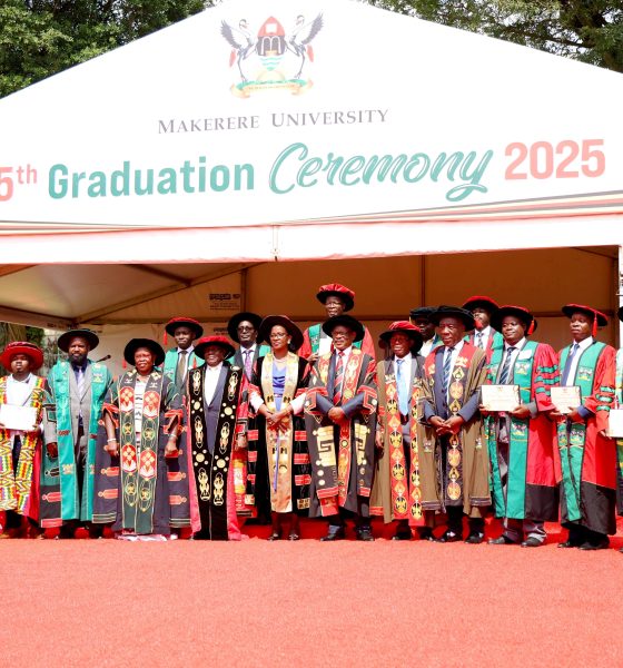 The Guest of Honour-Hon. Dr. Joyce Moriku Kaducu (4th L) and Chancellor-Hon. Dr. Crispus Kiyonga (5th L) with Chairperson Council-Mrs. Lorna Magara (6th L), VC-Prof. Barnabas Nawangwe (6th R), Ag. DVCFA-Prof. Henry Alinaitwe (4th R), AR-Prof. Buyinza Mukadasi (5th R), Chief DRIP-Dr. Robert Wamala (3rd L) and Research and Teaching Excellence Award Recipients. 75th Graduation Ceremony, Day 1, CoCIS, CEES, CoVAB and School of Law. 13th January 2025, Freedom Square, Makerere University, Kampala Uganda, East Africa.