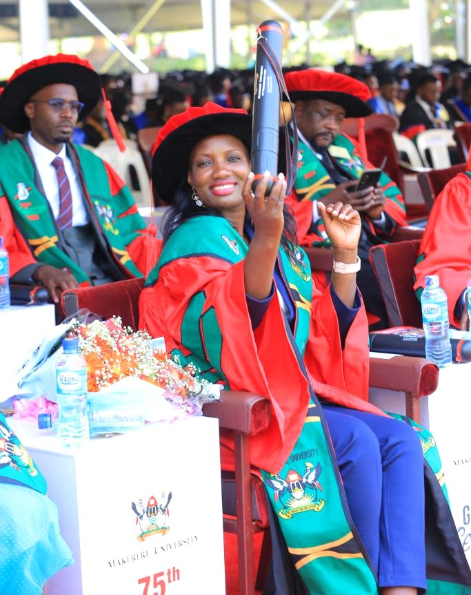 Dr Joan Nakajigo, the first PhD graduate in Petroleum Geosciences at Makerere University. Dr Nakajigo teaches in the Department of Geology and Petroleum Studies at CoNAS, Makerere University. 75th Graduation Ceremony, Day 2, CoBAMS, CHS and CoNAS. 14th January 2025, Freedom Square, Makerere University, Kampala Uganda, East Africa.