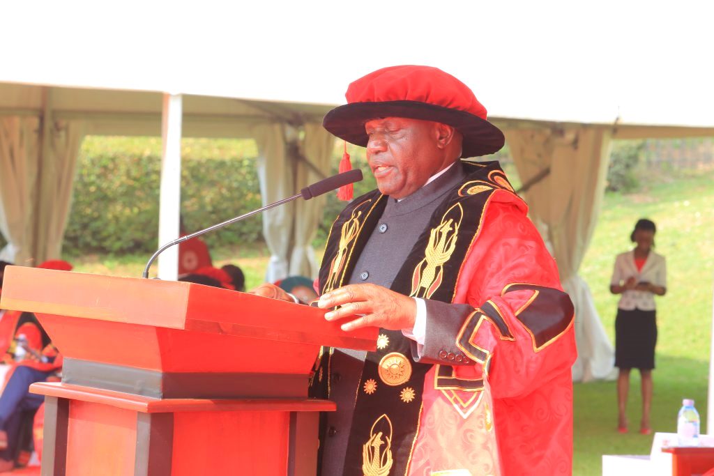 The Chancellor, Dr. Crispus Kiyonga delivering his remarks. 75th Graduation Ceremony, Day 2, CoBAMS, CHS and CoNAS. 14th January 2025, Freedom Square, Makerere University, Kampala Uganda, East Africa.