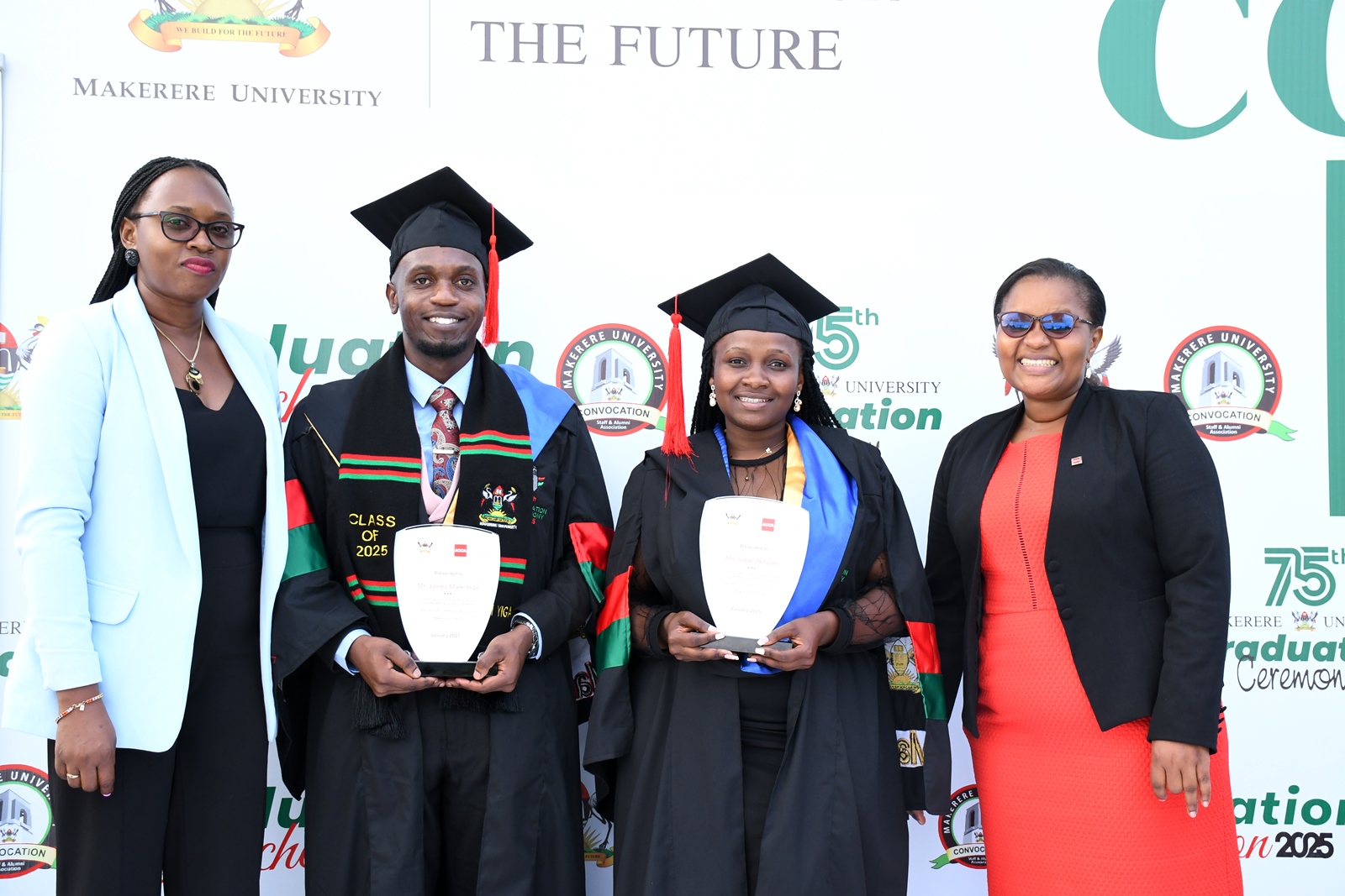 Ndagire Sarah (2nd R) and Yiga James Mark (2nd L) flanked by ACCA Uganda Country Manager, Ms. Charlotte Kukunda (R) and another official pose with their awards. Convocation Luncheon, 75th Graduation Ceremony, Day 2, CoBAMS, CHS and CoNAS. 14th January 2025, Research, Teaching, Students Excellence Awards, Edge Road, Makerere University, Kampala Uganda, East Africa.