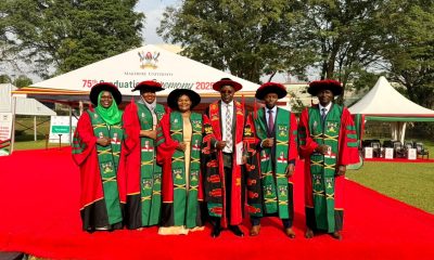 Principal CoBAMS-Prof. Edward Bbaale (3rd R) with PhD Graduands from CoBAMS on Day 2. 75th Graduation Ceremony, Day 2, CoBAMS, CHS and CoNAS. 14th January 2025, Freedom Square, Makerere University, Kampala Uganda, East Africa.